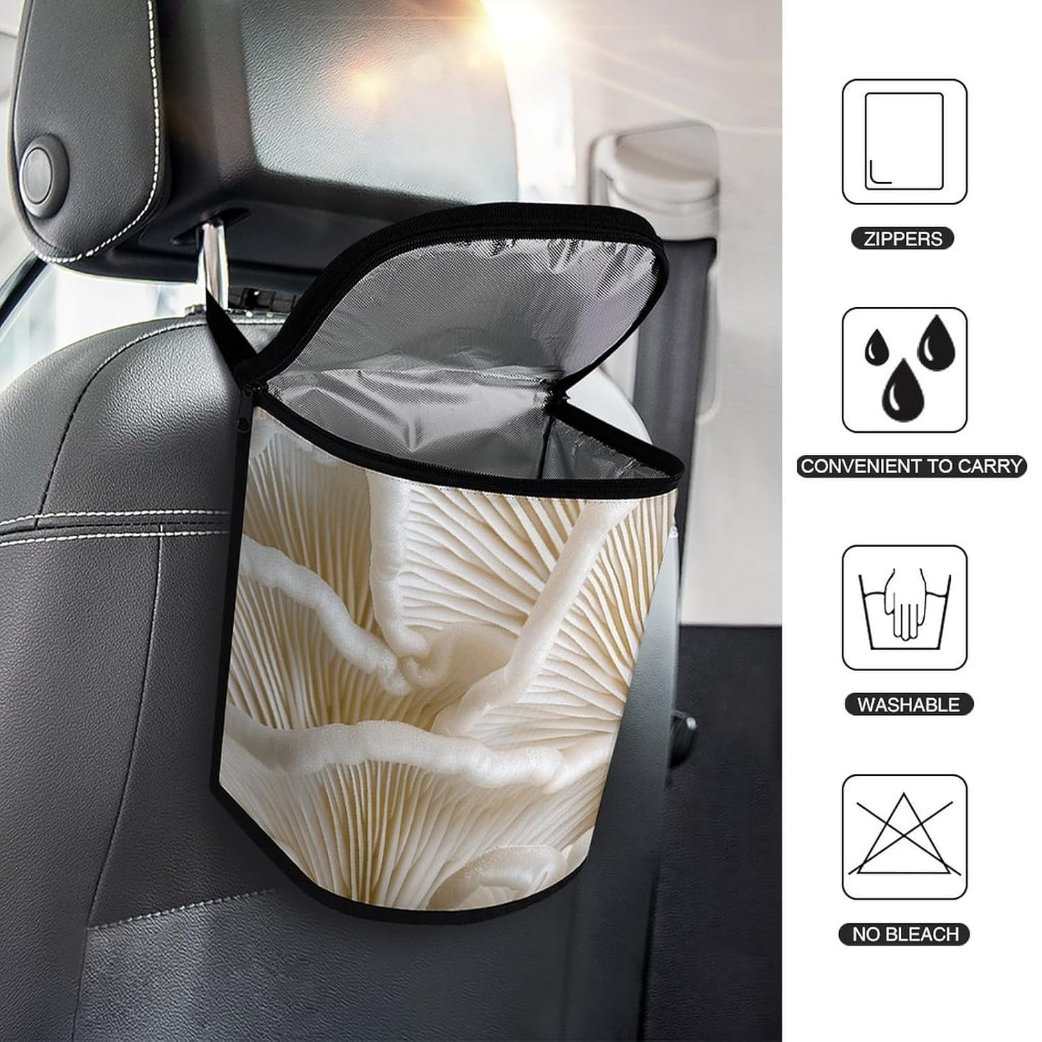 Hanging Car Trash Bag Protable Trash Can White Oyster Mushrooms Waterproof Garbage Bin for Car