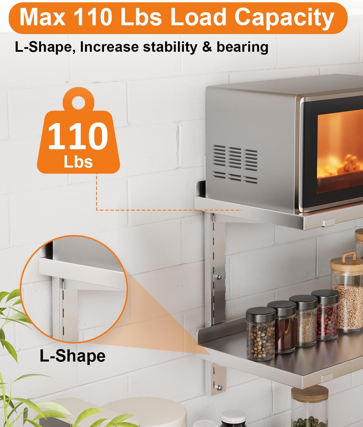 Stainless Steel Shelf, 39.4" x 12.6" Commercial Floating Wall Shelf with Brackets, 110Lbs Capacity, Adjustable Double-Layer Metal Heavy Duty Storage Rack for Restaurant, Kitchen Bar Home Hotel