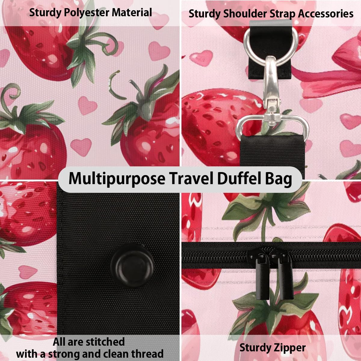Strawberry Bow Foldable Lightweight Duffle Bag for Travel - Waterproof Carry On Bags for Airplanes, Travel Duffel Bags for Gym, Weekend