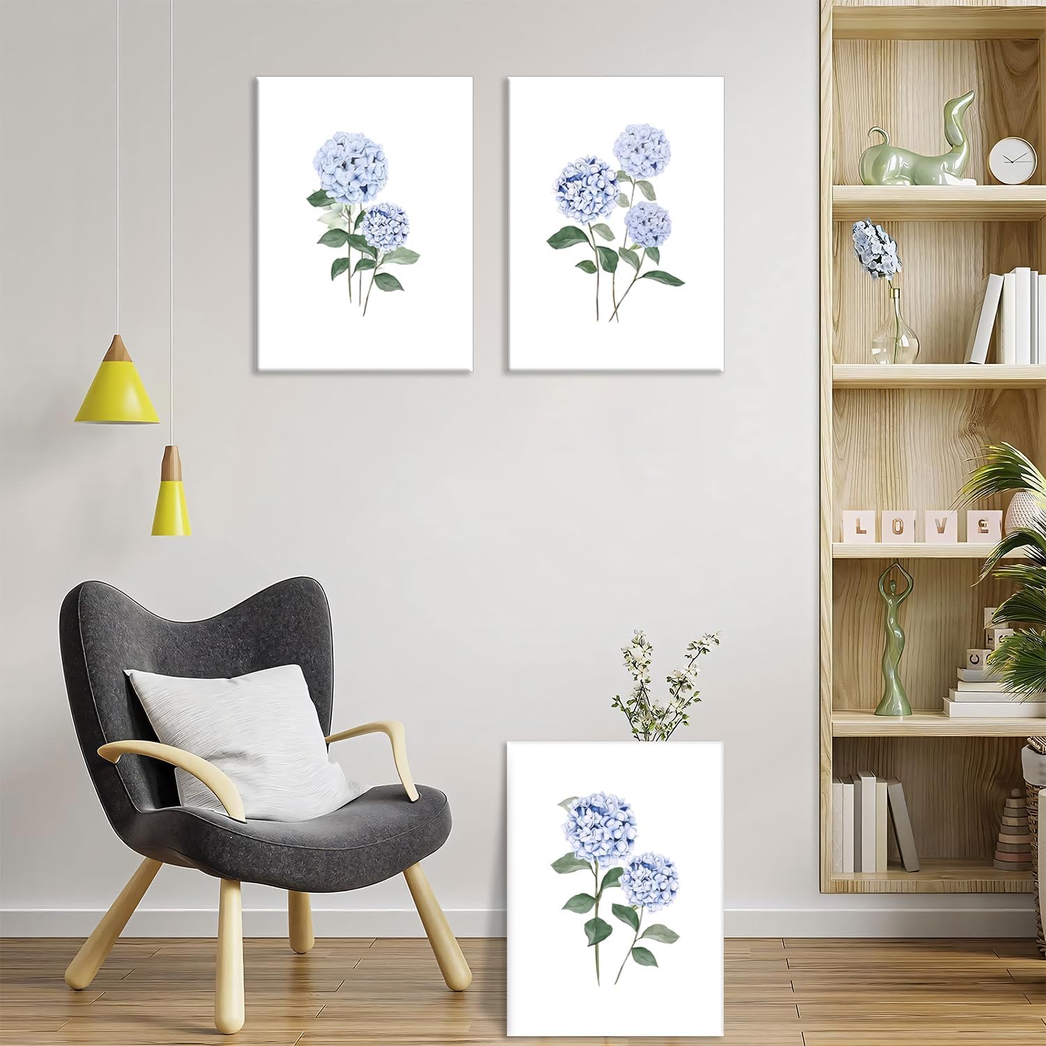 Hydrangea Wall Art Set of 3, Blue Floral Canvas Posters Print Picture, Blue Watercolor Botanical Wall Decor, Modern Minimalist Botanical Room Decor, for Living Bedroom Gallery Decor 16x24in Framed