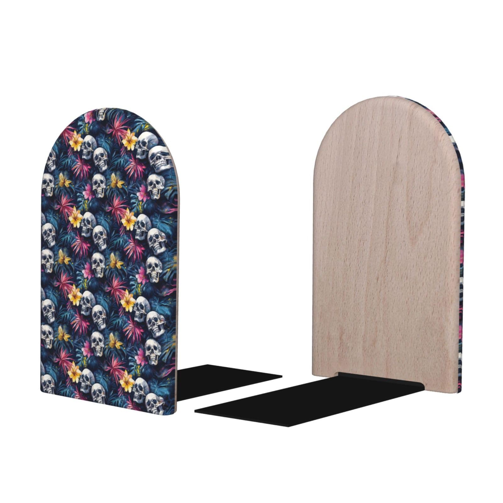 Hawaiian Floral Skull Print BookEnds 1 Pair, Decorative Bookends for Heavy Books, Wood Book Ends for Shelves, Book Organizer for Home Desk Office Supplies