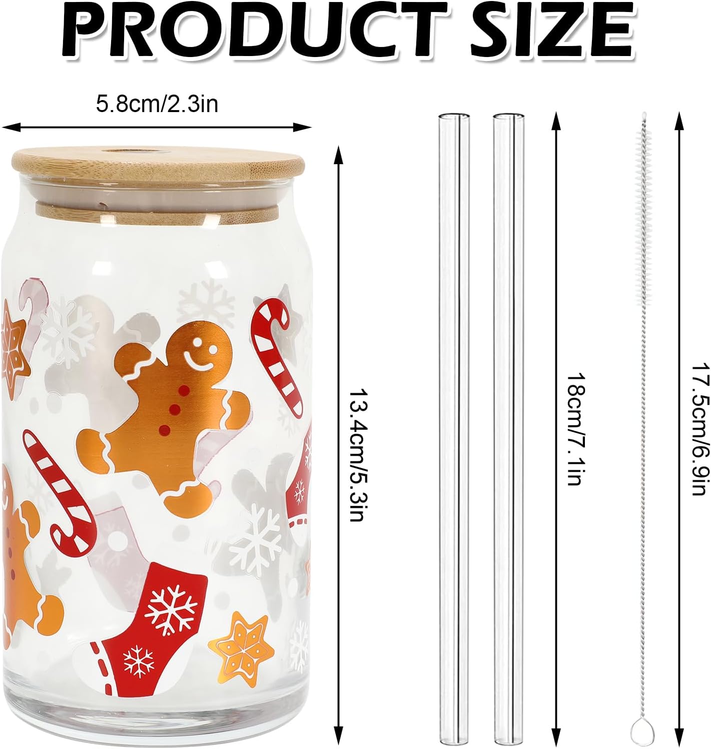 Whaline 2Pcs Christmas Drinking Glasses Gold Foil Gingerbread Man Iced Coffee Cup 16oz Xmas Glass Cup with Lids and Straw for Cocktails Whiskey Beer Soda Gifts - Image 2