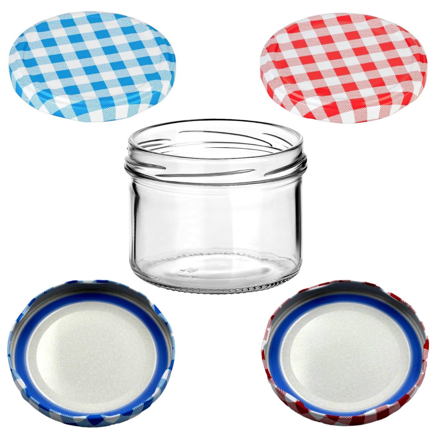 gouveo Set van 24 inmaakpotten, 230 ml, rond, met BlueSeal schroefdeksel in ruitblauw en geruit, lege voorraadpotten, met een diameter van 82 mm, worstglas
