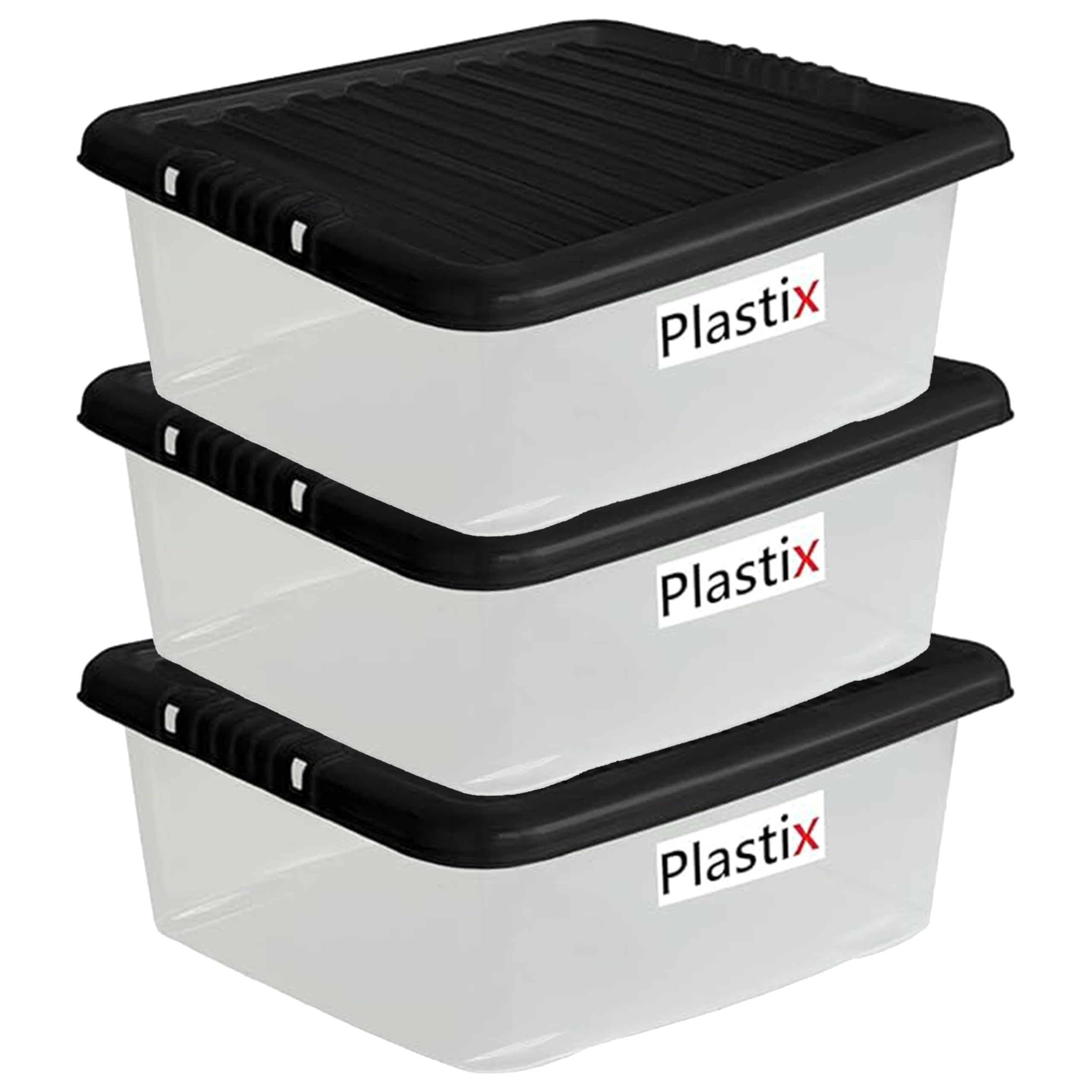 Plastix Clear Plastic Storage Box Boxes With Black Lids Home Office Stackable UK Made (3, 6L)