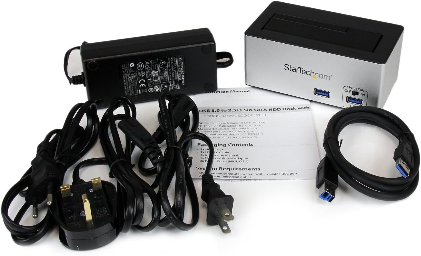 Contents of StarTech.com SDOCKU33HB package including docking station, power adapter, USB 3.0 cable, and manual
