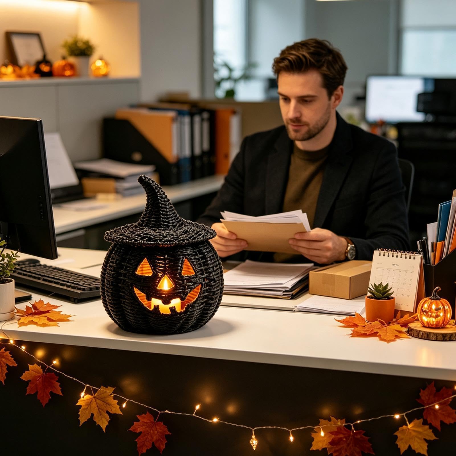 Czarny pleciony kosz dyniowy pojemnik na Halloween ze świecą LED | Straszny kosz do przechowywania słodyczy do domu mieszkania salonu biurko gzyms do jadalni wejście
