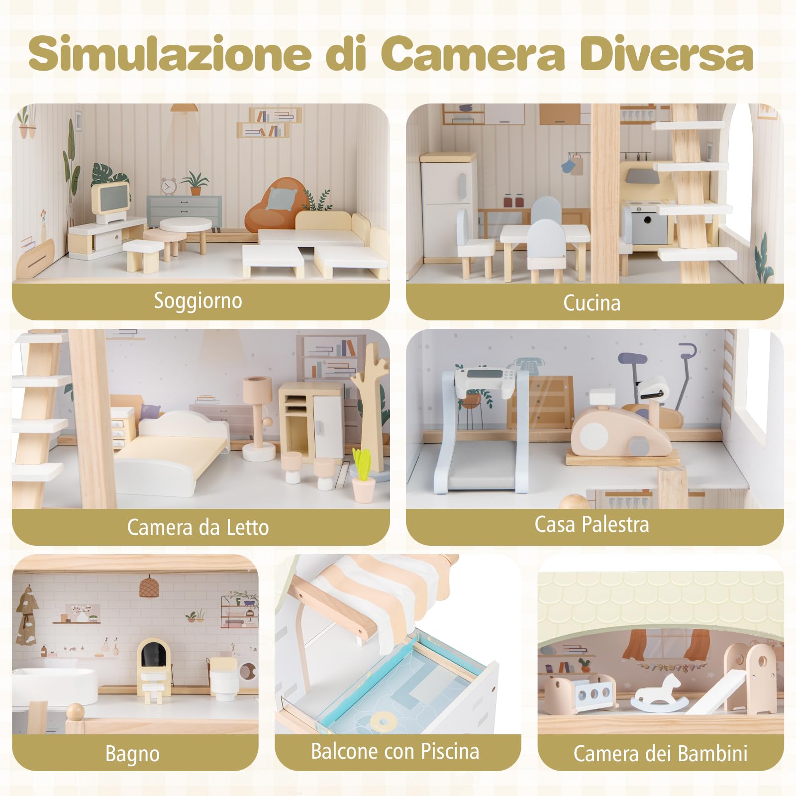RELAX4LIFE Casa delle Bambole in Legno, con 6 Staze, Terrazza con Piscina, Set di Mobili Simulati, 2 Scale, Playset di Costruzione Fai da Te per Bambini 3+ Anni,62x25x78cm