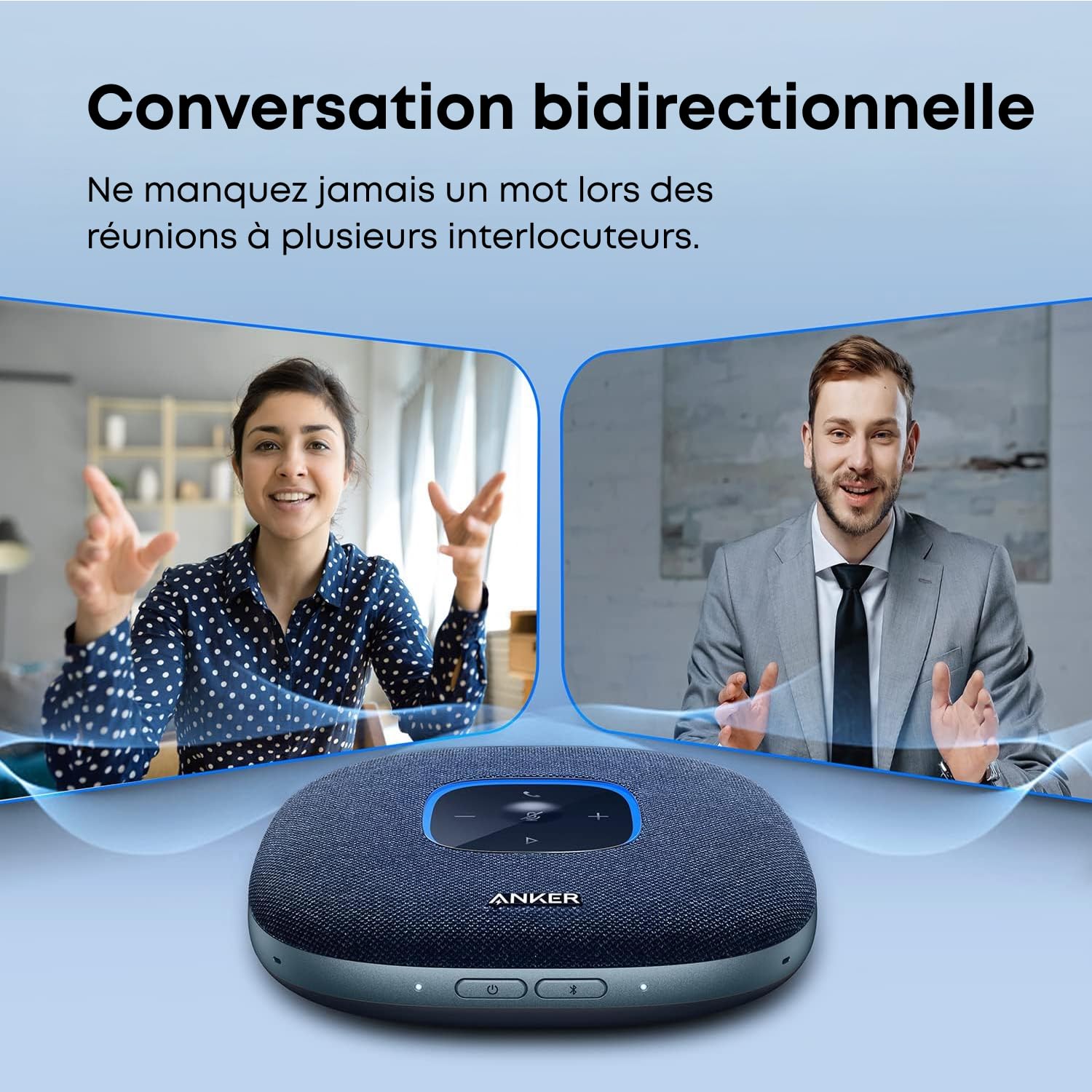 Soundcore Anker PowerConf S3 Enceinte de conférence Bluetooth 6 Microphones Enregistrement sonore Intelligent Batterie 24 h App, Bluetooth 5, USB-C, pour Bureau et Bureau à Domicile