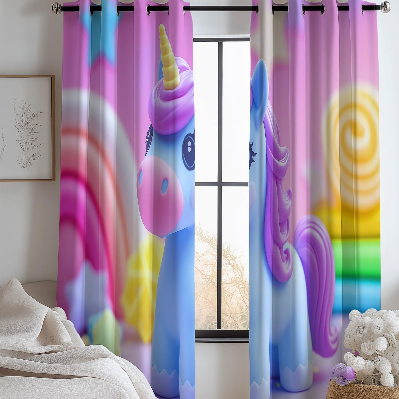 Générique Rideaux Occultants Licorne Arc en Ciel Dessin Animé, Rideaux Imprimé Isolant Thermique Anti Froid - Draperies Polyester Oeillet Couleur pour Chambre Salon Décoration Lot de 2 75L x 166H cm
