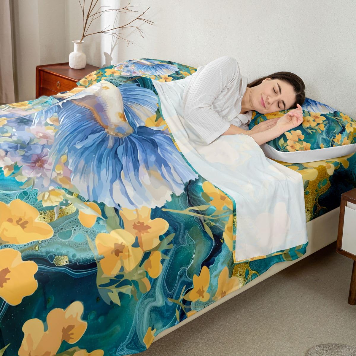 Homewish Urocza złota rybka zestaw pościeli podwójne boho kwiatowe rustykalne prześcieradła marmur ocean ryba zestaw prześcieradeł - zwierzęta przybrzeżne dopasowane górne prześcieradła 4 sztuki