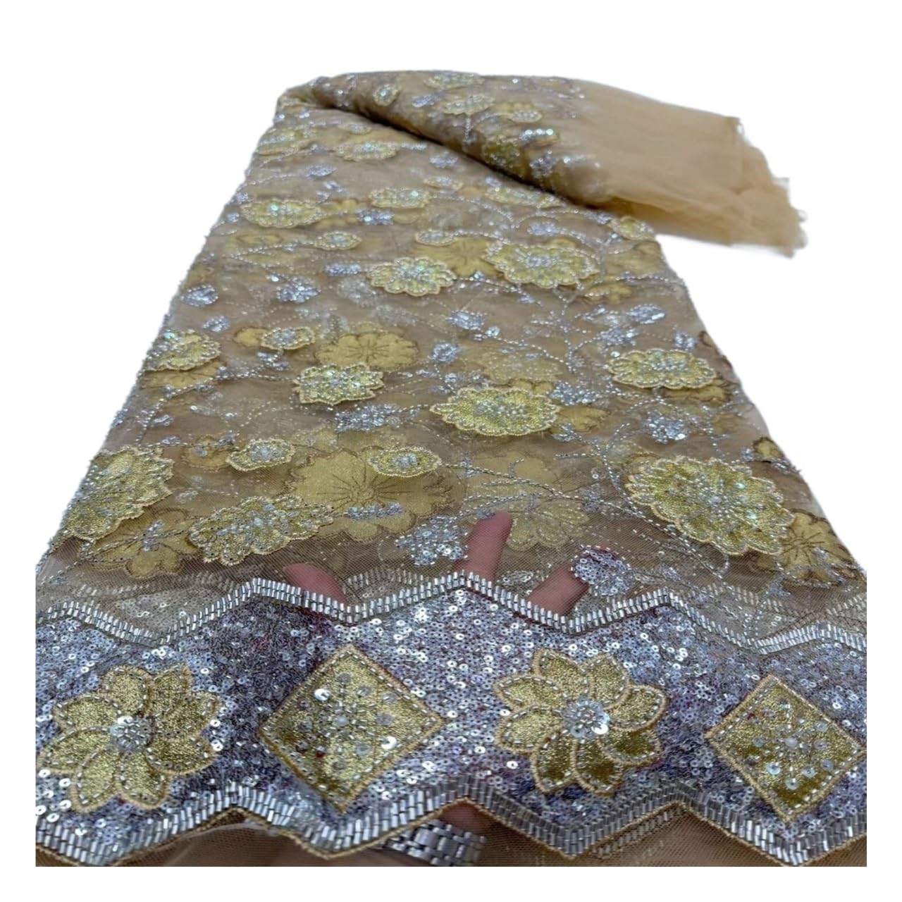 Tela de encaje malla lentejuelas con cuentas pesadas, 5 yardas(YELLOW)