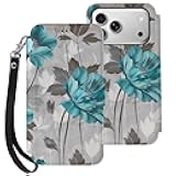 ZHANLEI Teal Grey and White Floral Printed Phone Wallet Case for iPhone 17 Pro, PU Leather Flip Phone Cases Cover with Card Slots and Wrist Strap