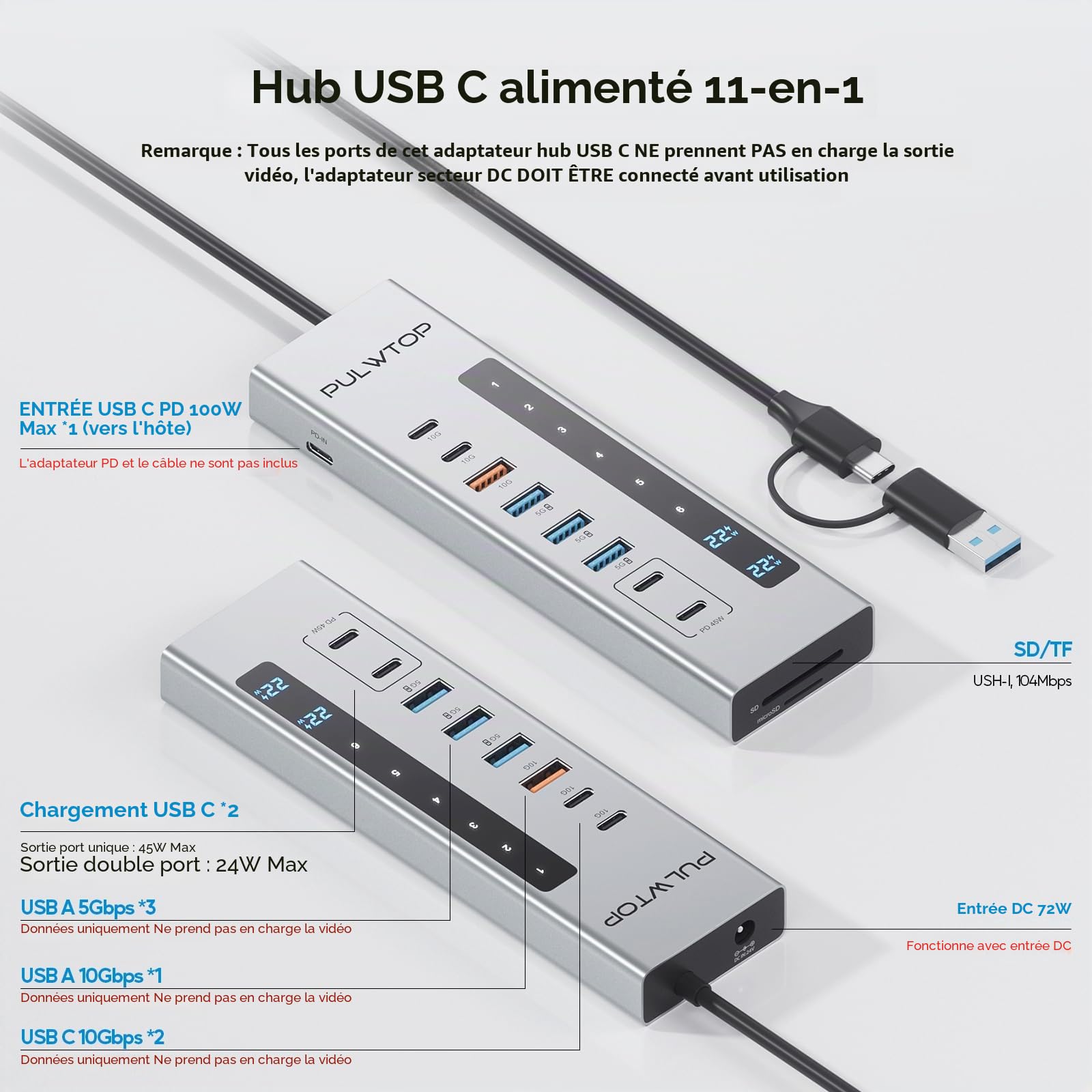 Hub USB-C alimenté 11-en-1 avec 2 Ports de Charge USB-C PD 24/45 W | PULWTOP USB HUB avec SD/TF, 2 * USBC 10 Gbps, 4 * USBA 5/10 Gbps et 2 * 24/45W Type-C PD Ports (Adaptateur DC 72W Inclus)