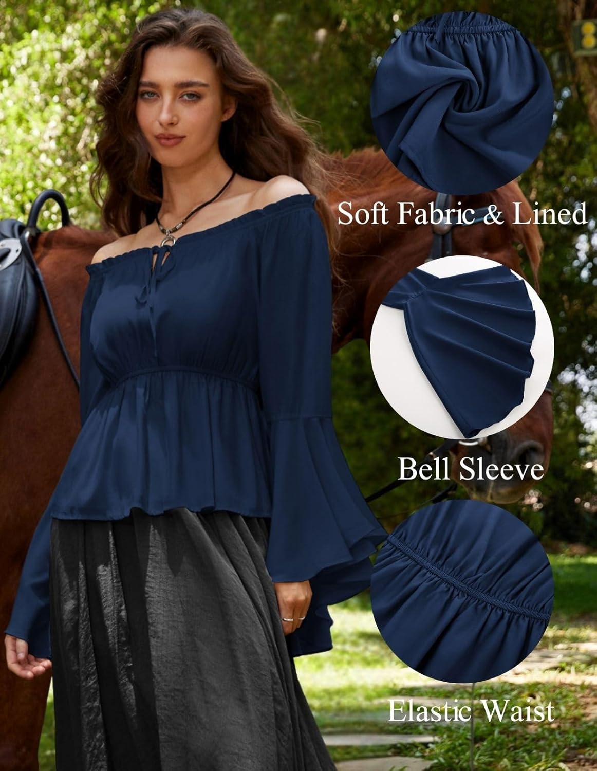 SCARLET DARKNESS Renaissance Shirt Women Peasant Blouse Bell Sleeve Off Shoulder Tops Pirate Costume - Image 2