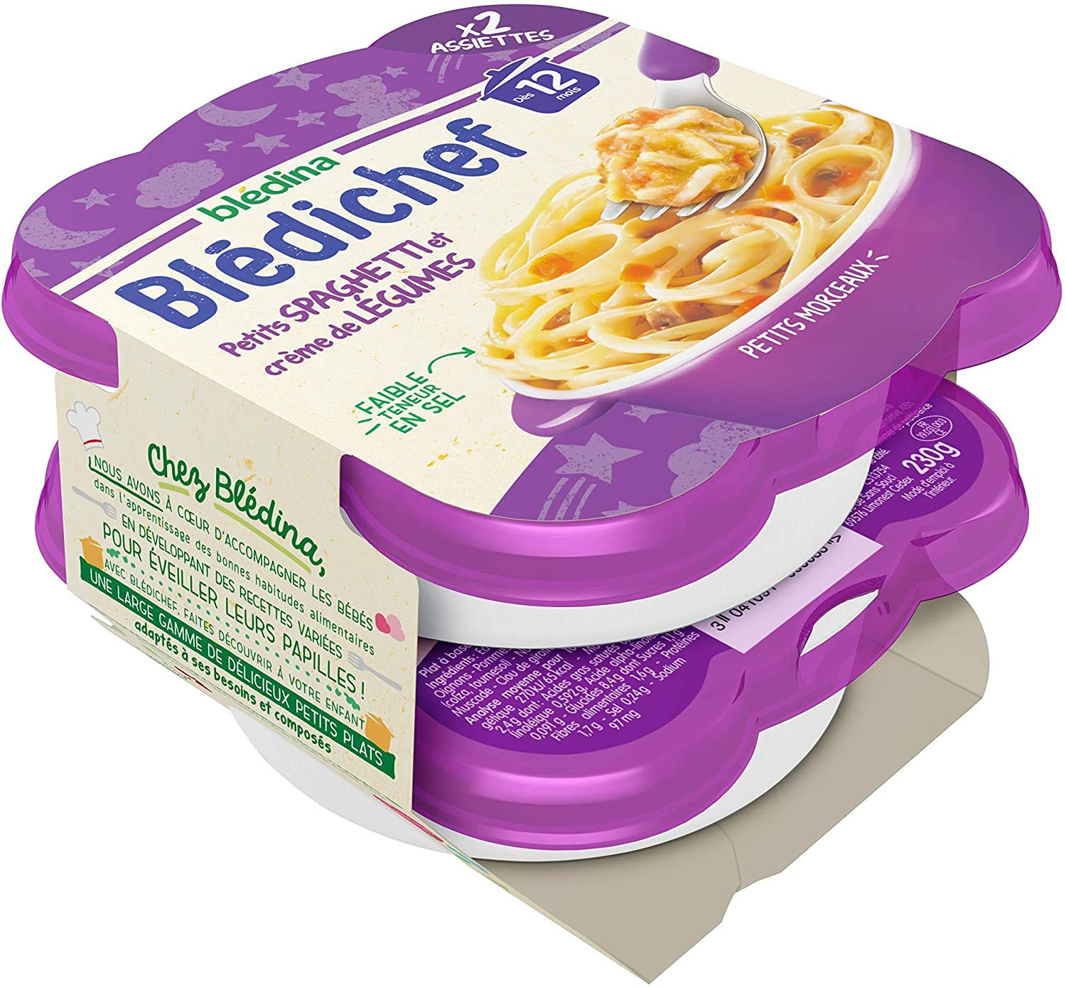 Blédina - Blédichef - Repas Bébé 12 Mois - 8 Plats Bébé - Spaghetti Crème de Légumes - Faible Teneur en Sel - Dès 12 Mois - 8 Assiettes de 230g