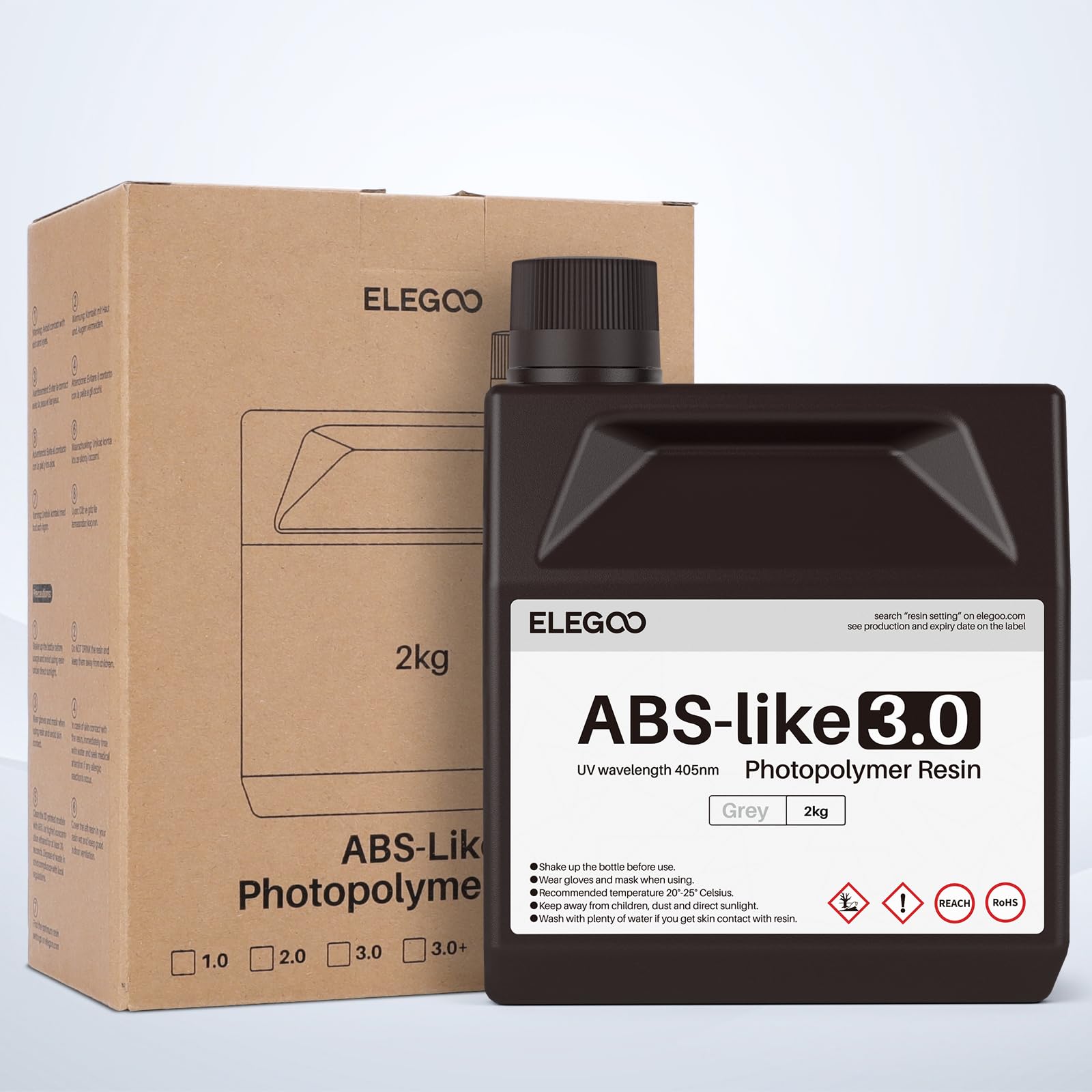 ELEGOO 405nm Żywica podobna do ABS 3.0, LCD UV Rapid Resin o wysokiej precyzji, nie kruchość, zwiększona wytrzymałość i odporność dla drukarki LCD/DLP 3D, fotopolimerowa żywica biała 2000 g