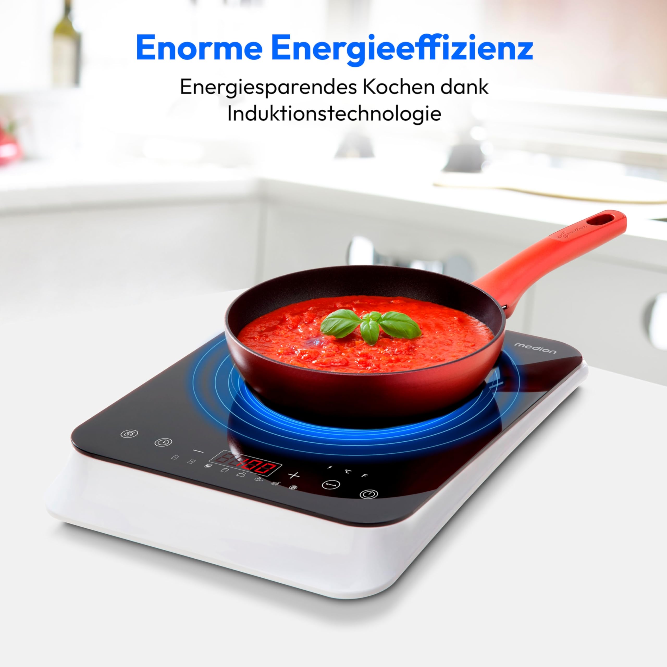 MEDION Induktionskochfeld 20 cm 2000 Watt 10 Temperaturstufen Topferkennung Kristallglasplatte