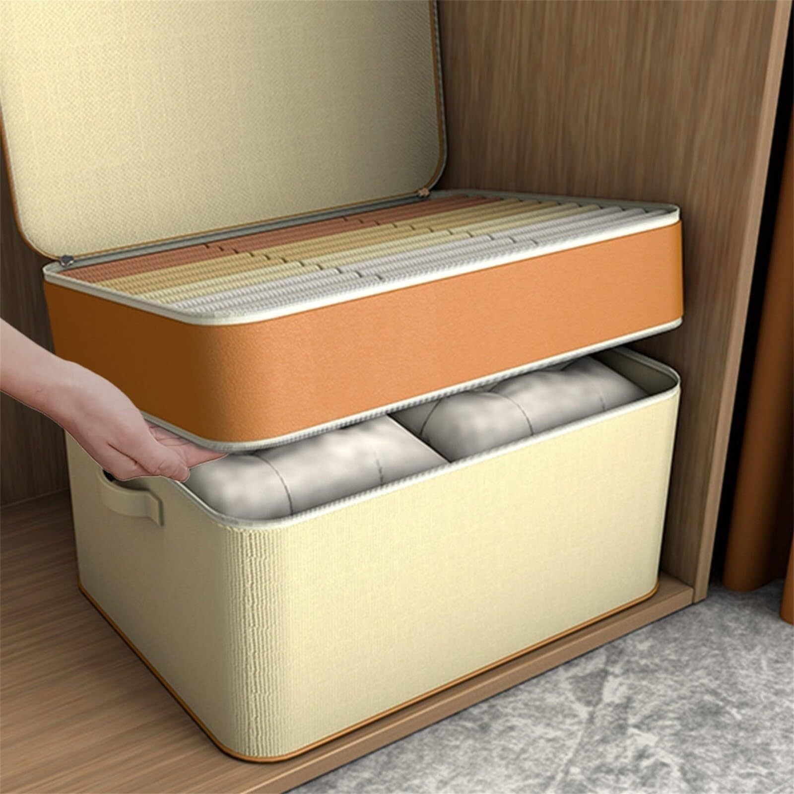 Bolsas Almacenaje Ropa Caja De Almacenamiento De Ropa No Tejida con Asa Y Caja De Almacenamiento Plegable con Cremallera Organizador Armario para Edredones(63x43x35cm)
