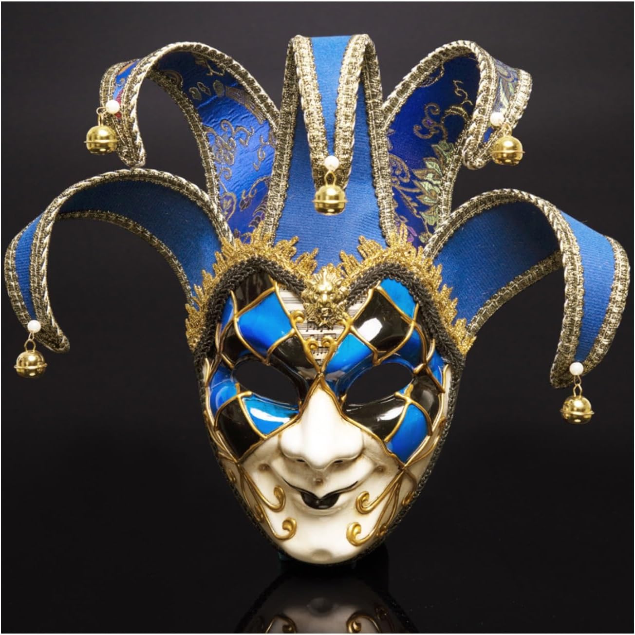 Vintage Venetian Mask Men's Full Face Jester Performance Mask for Masquerade Party Wall Easter Decoration, with Bells