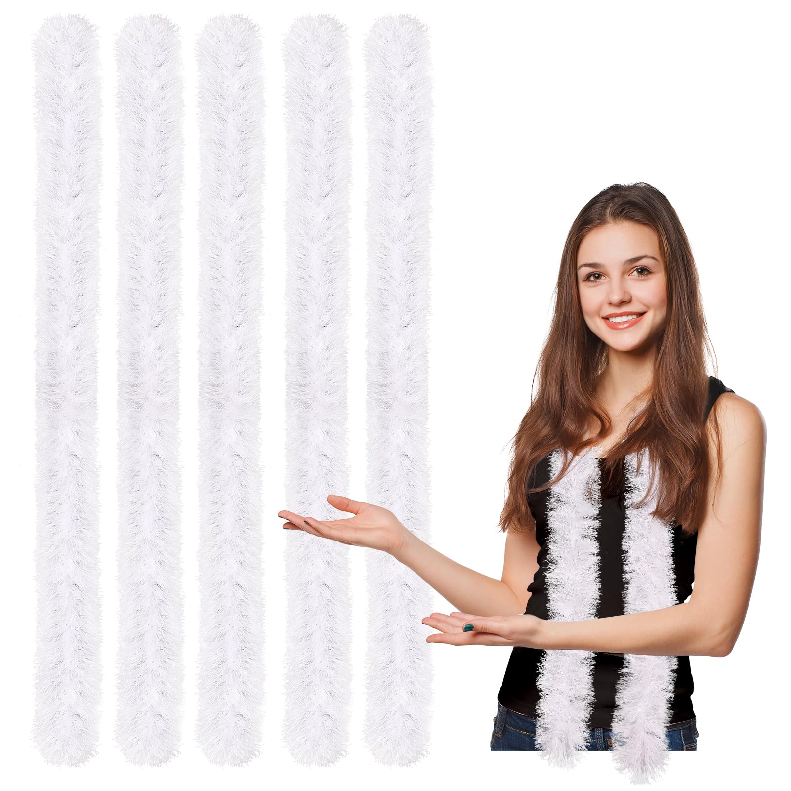 FeelfunFeather 5pcs Feather Boa - White Artificial Fluffy Boas Bulk 5 Ft for Wedding Birthday Tea Party Christmas Costume Decor