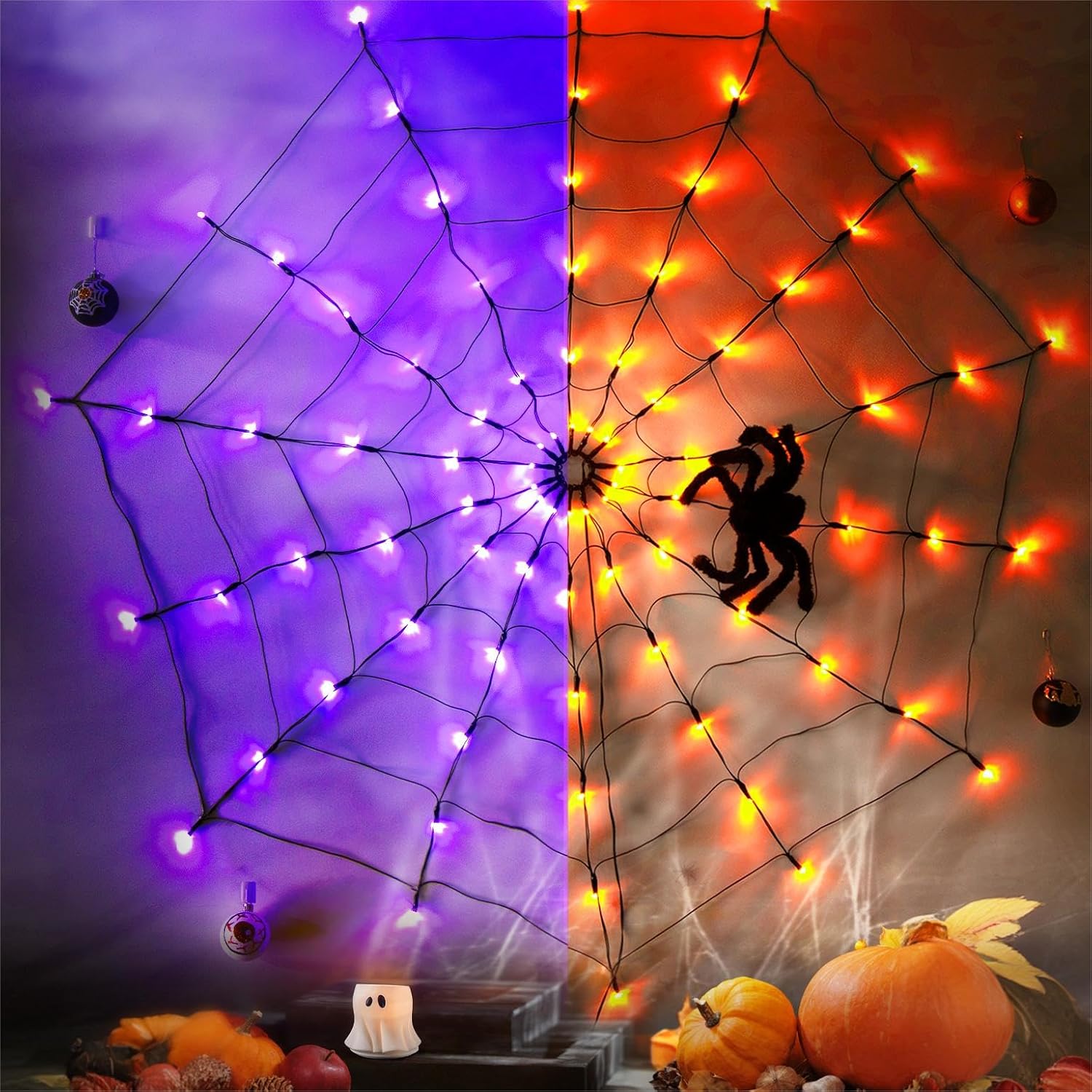 Orange & Purple EAMBRITE Halloween Spider Web Lights with 84LED Orange/Purple Lights, Light up Cobweb with Black Spider, Halloween Decorations for Room Proch Window Garden Indoor and Outdoor