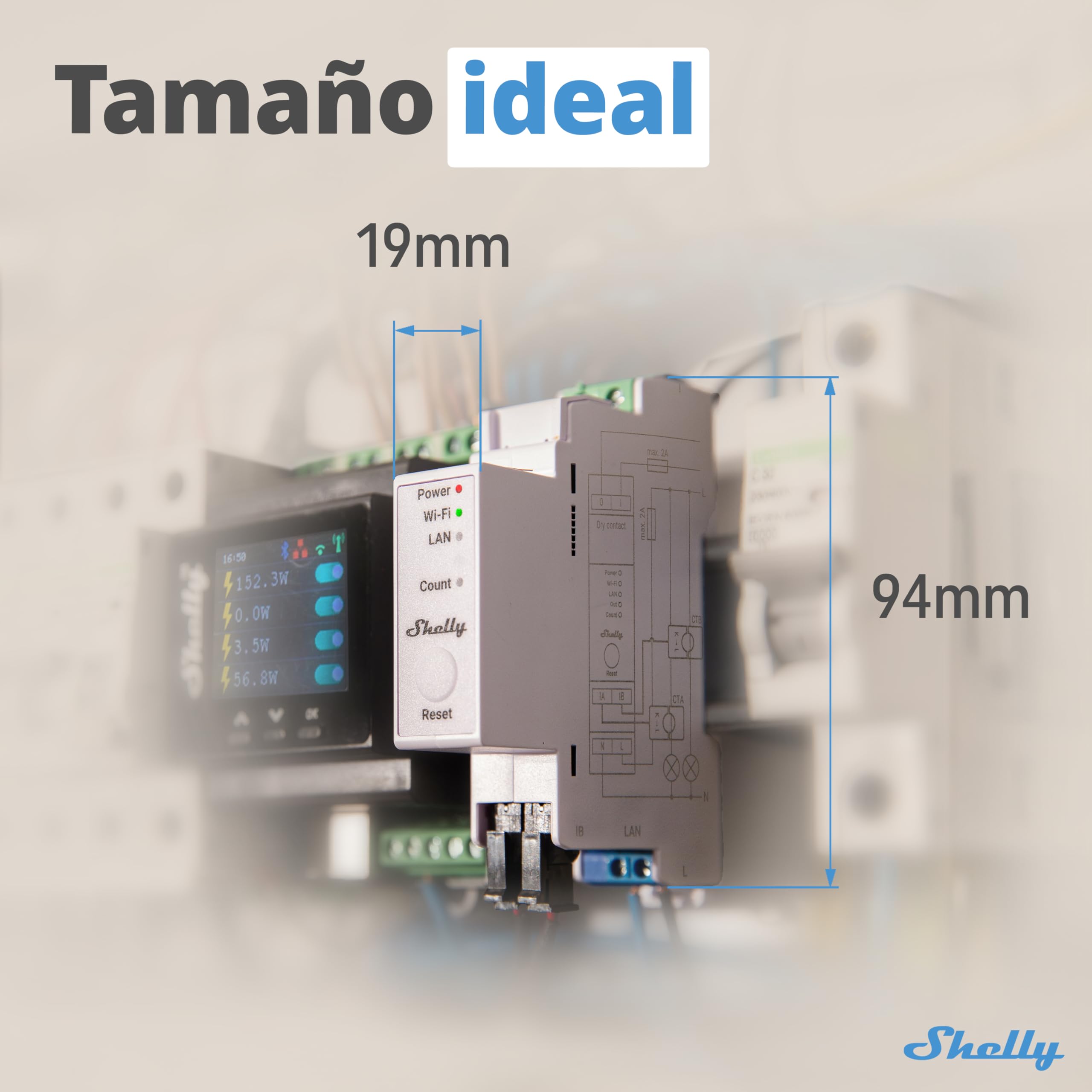 Shelly Pro EM 50A – Medidor Eléctrico Monofásico en riel DIN, 2 Canales, LAN y Wi-Fi, con Pinzas Amperimétricas, Interruptor Integrado, Monitoreo energía solar, App iOS, Android