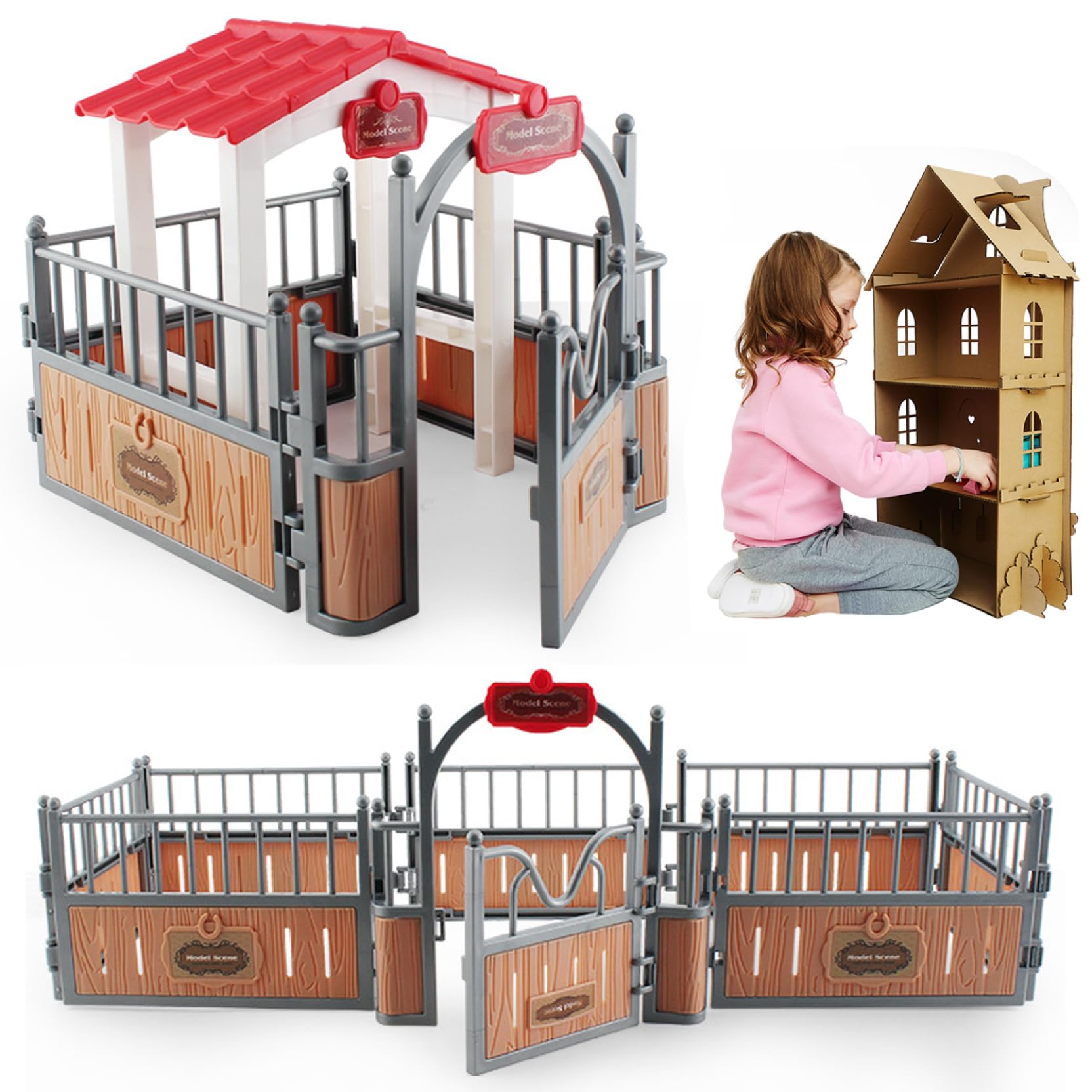Juego de 2 establos para caballos, modelo de cenador y valla de plástico, juguetes de caballos imaginativos y creativos, accesorios educativos para juegos de granja, juguetes de animales de granj