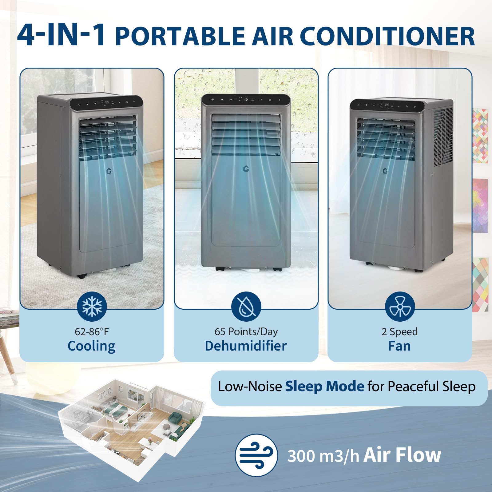 Aire acondicionado portátil de 8000 BTU con control remoto, unidad de CA silenciosa 4 en 1, deshumidificador y ventilador para habitaciones de 350 pies cuadrados. Incluye kit de ventana, temporizador 3