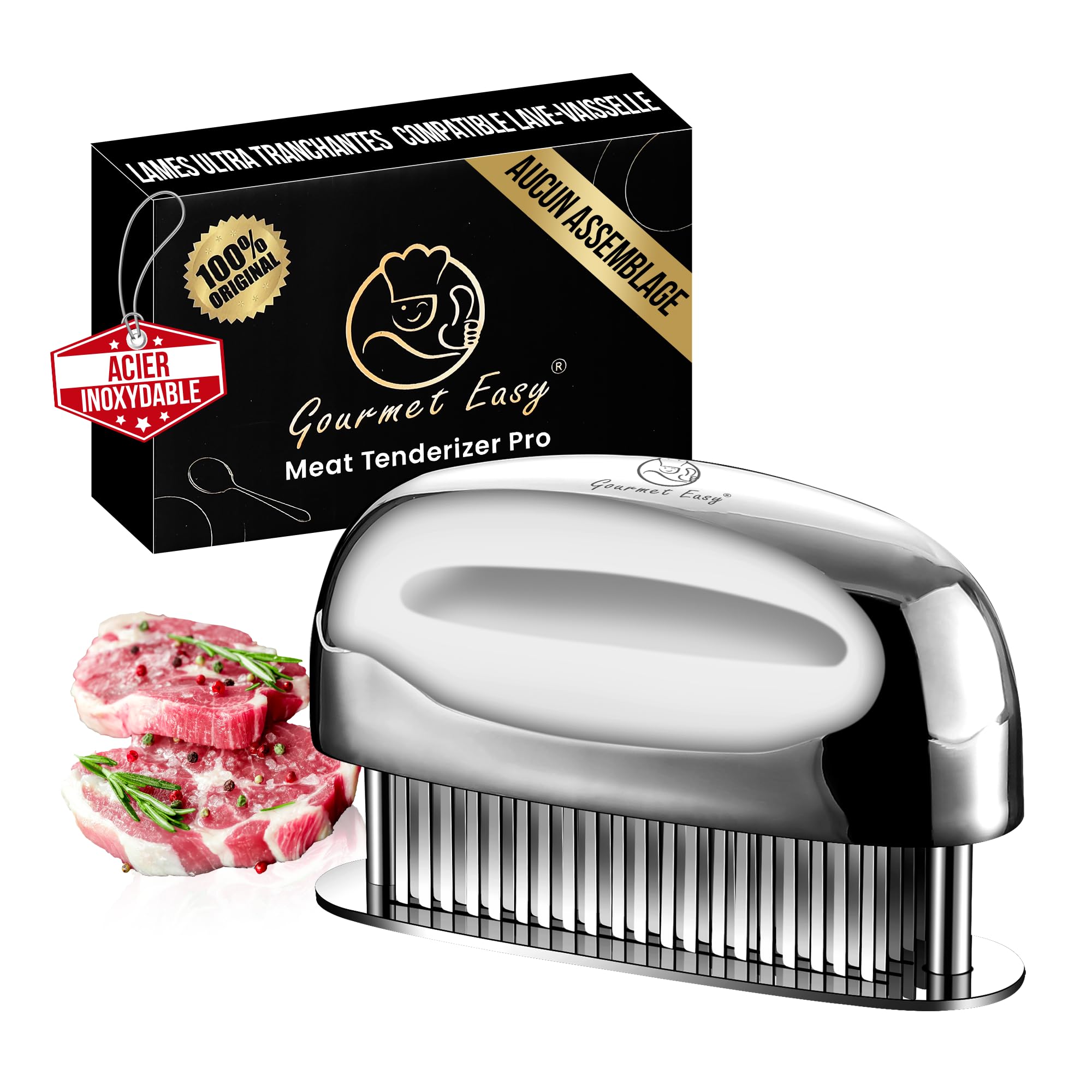 Attendrisseur de viande en acier inoxydable avec aiguilles ultra tranchantes – Marteau de cuisine professionnel – Outil pour bœuf/poulet/porc/veau – Poignée ergonomique – Nettoyage facile