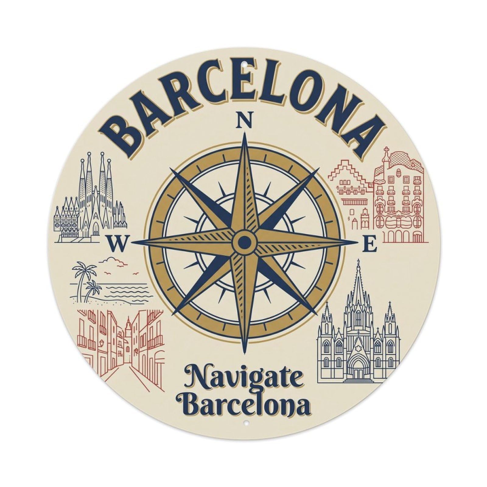 Vintage Travel Barcelona Compass Navigation Explore Metal Tin Sign Plaque Wall Decor for Cafe, Club, Garden Round Metal Poster 8x8Inch