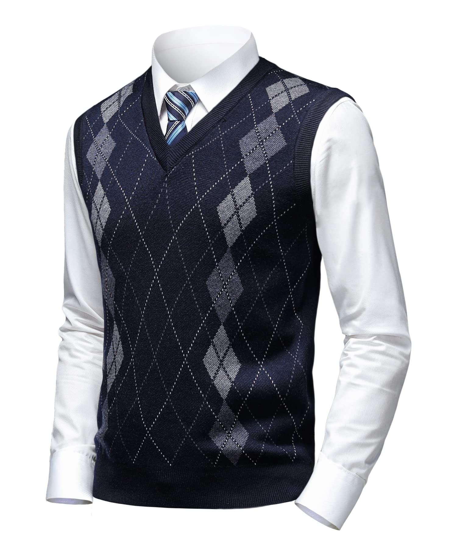 Herren Business West Ärmellose Pullunder Slim Fit Strickweste Argyle V-Ausschnitt Pulloverwestee Herbst Winter Wollweste für Männer