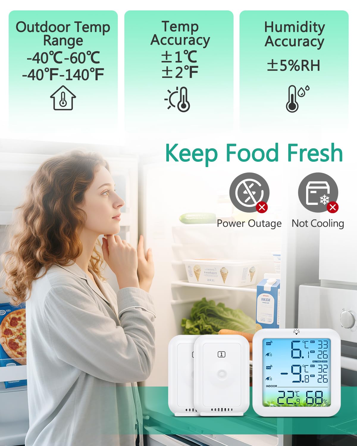 ORIA Digitale Kühlschrankthermometer, Digitale Gefrierschrank Thermometer mit 2 Sensoren, Farbdisplay, Max/Min Werte, Temperaturalarm, für Kühlschrank, Innen, Restaurant