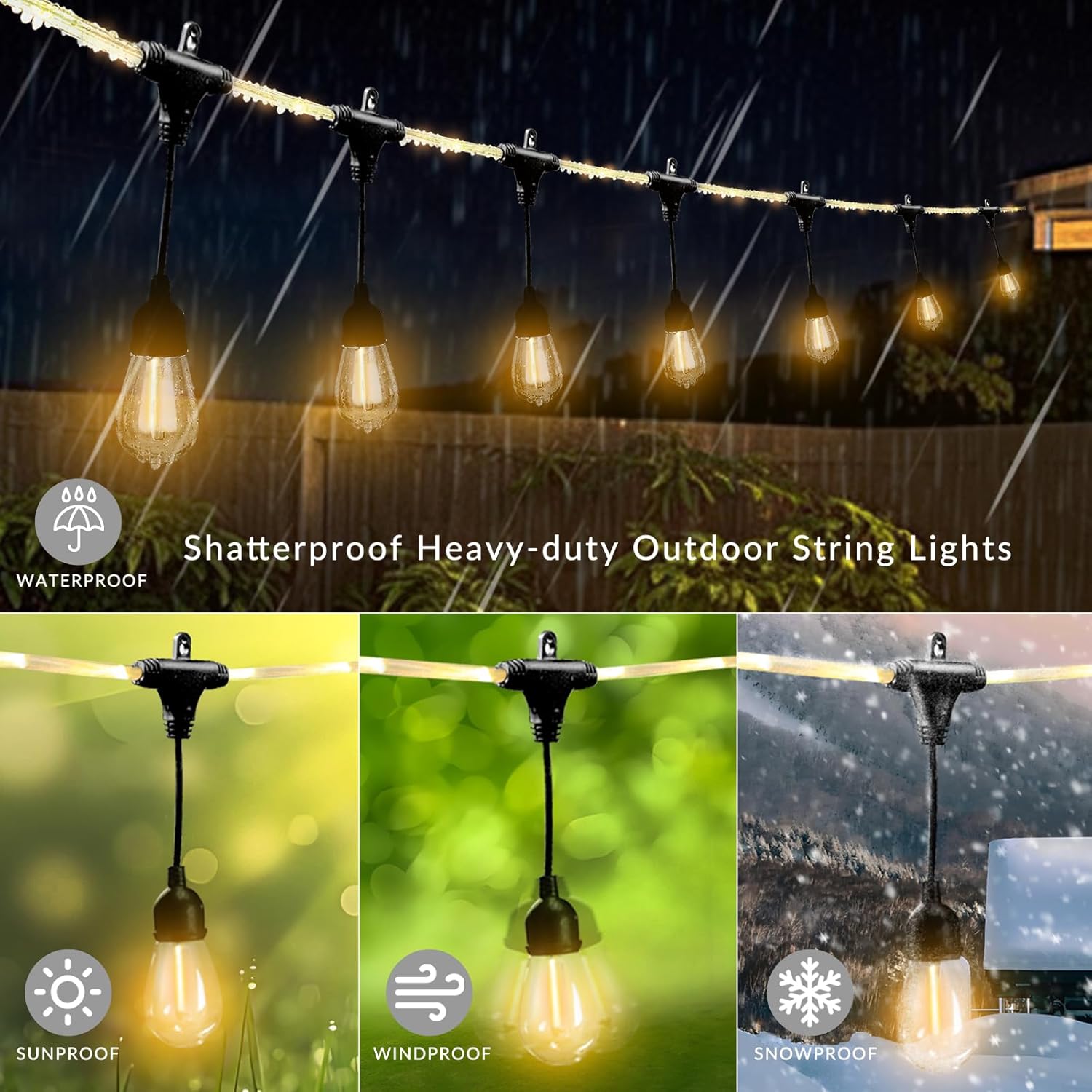 Outdoor String Lights 28.2 FT, Waterproof Dimmable LED Edison Bulbs with Remote, Rope-Style Durable Design, Commercial-Grade Patio Lights, Decorative for Garden,Gazebo,Backyard, Party & Holiday
