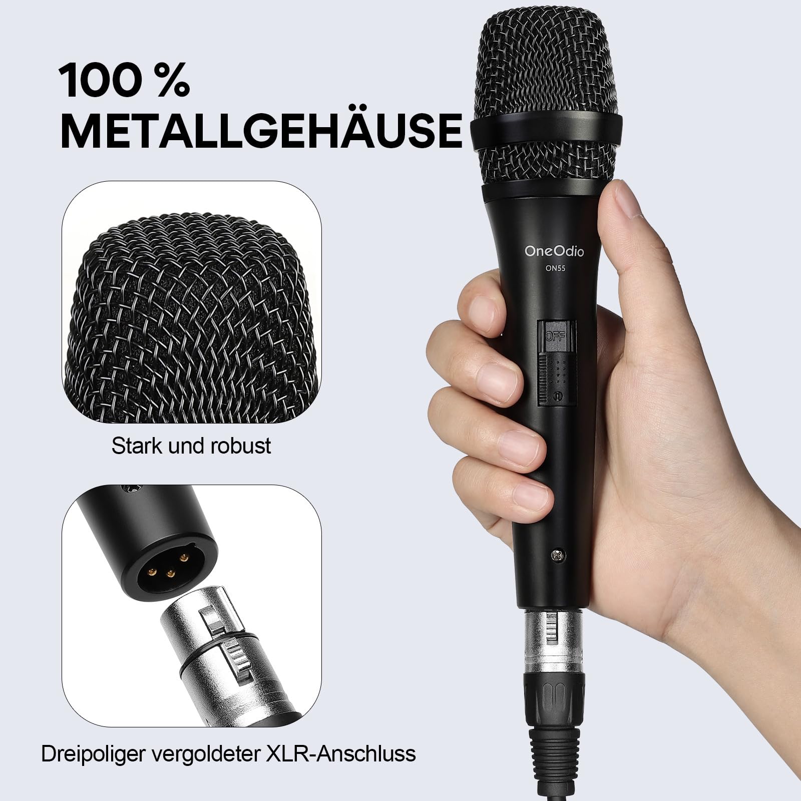 OneOdio ON55 Mikrofon mit Klinkenstecker, Cliphalter & 5m XLR-Kabel, 100% Metallgehäuse, Hervorragende Klangqualität Mikro für Karaoke, Studio, Streaming, Mixer, Podcasts, DJ-Silber