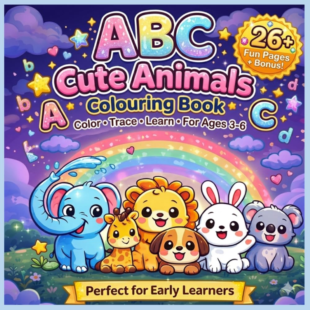 ABC Cute Animals Colouring Book: Colour, Trace, and Learn the Alphabet – Fun Educational Activity for Ages 3-6