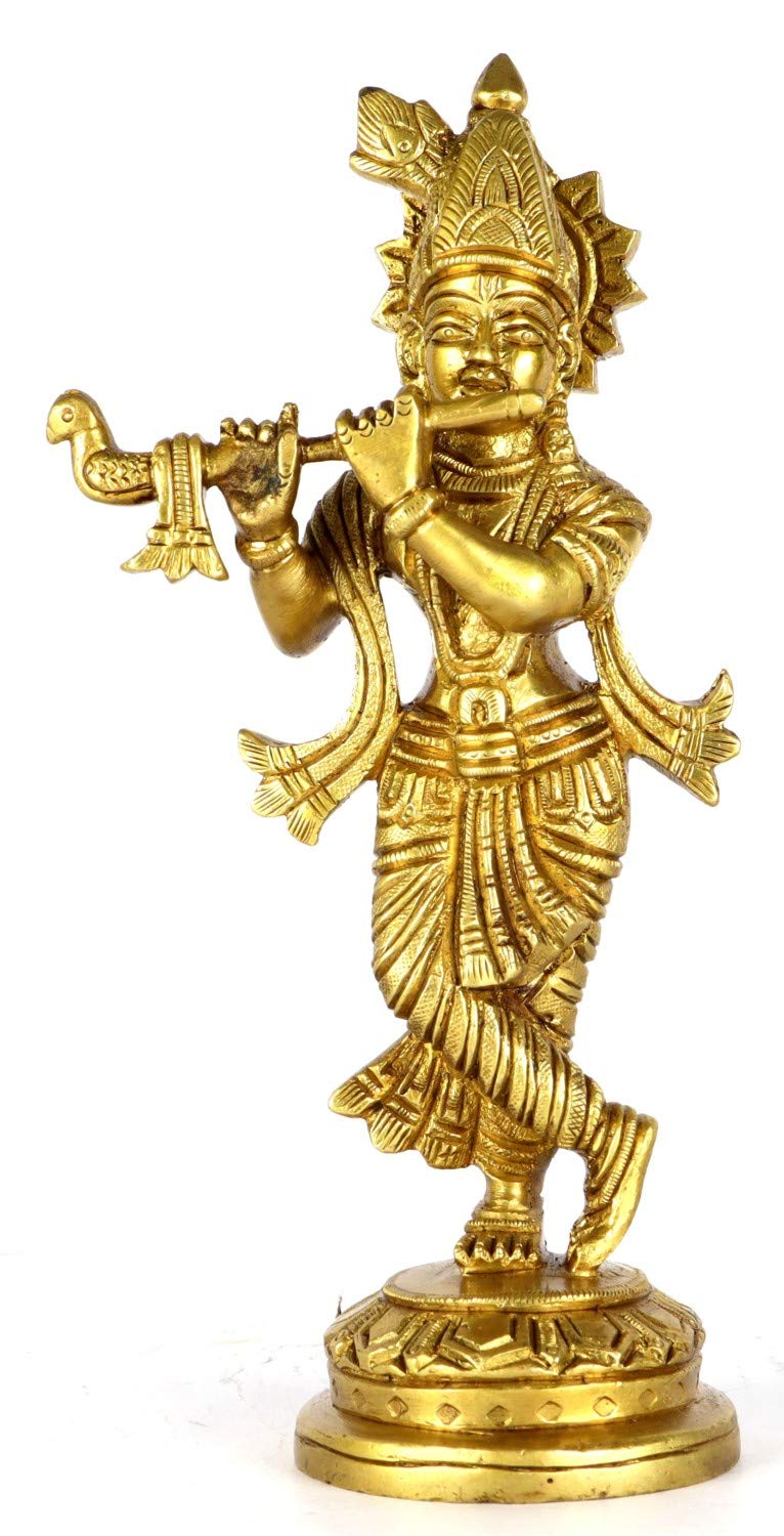 Grande Statue Krishna En Laiton – 15 Pouces – Décoration Intérieure, Inde