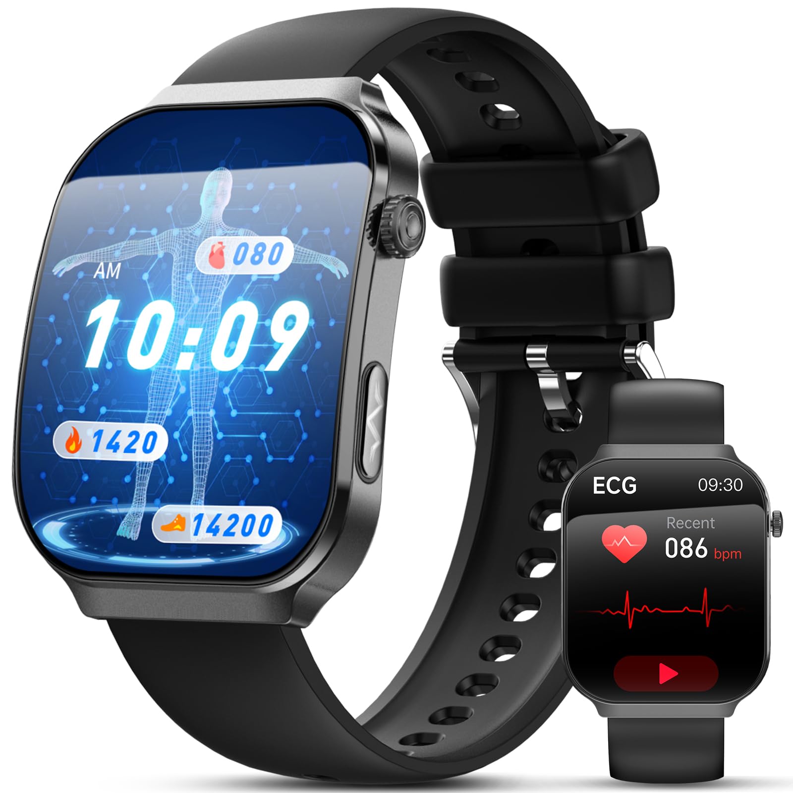 Smartwatch Herren mit EKG HRV BMI Mikro-Gesundheitscheck Harnsäure 2,2 Zoll 3D-Curved-Display Gesundheitsuhr 24H Herzfrequenz Blutdruck Körpertemperatur Schlafmonitor Android iOS
