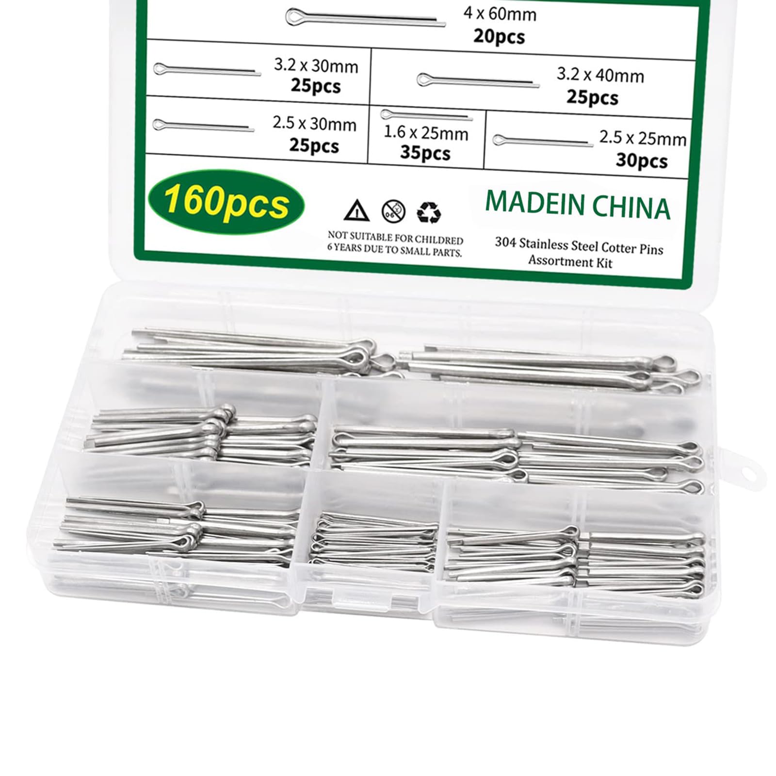 160Pcs 6 Size 304 Stainless Steel Cotter Pin Clip Fastener Fitting Assortment Kit for Car Garden Easy to Use