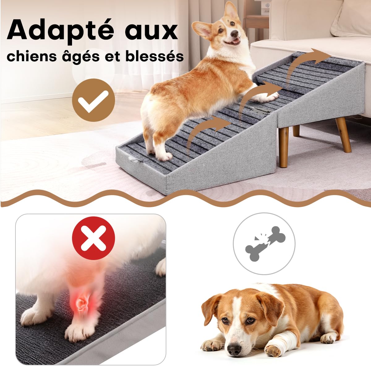 Escalier pour Chiens et Chats 2 en 1, 4 Marches Rampe et Marches pour Canapé Lit, Pente Douce Protège Articulations, Antidérapant(Gris Clair - 43,5 cm Haut)