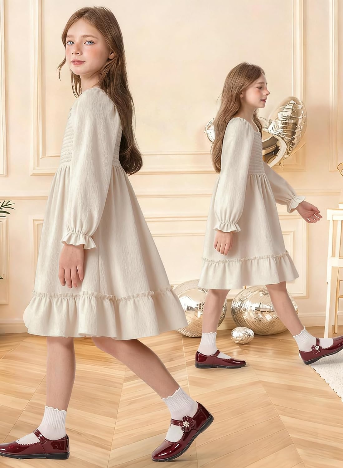 Girls Spring Dress Lantern Long Sleeve Square Neck Ruffle Dress Kids Easter Dress 5-14Y - Image 5