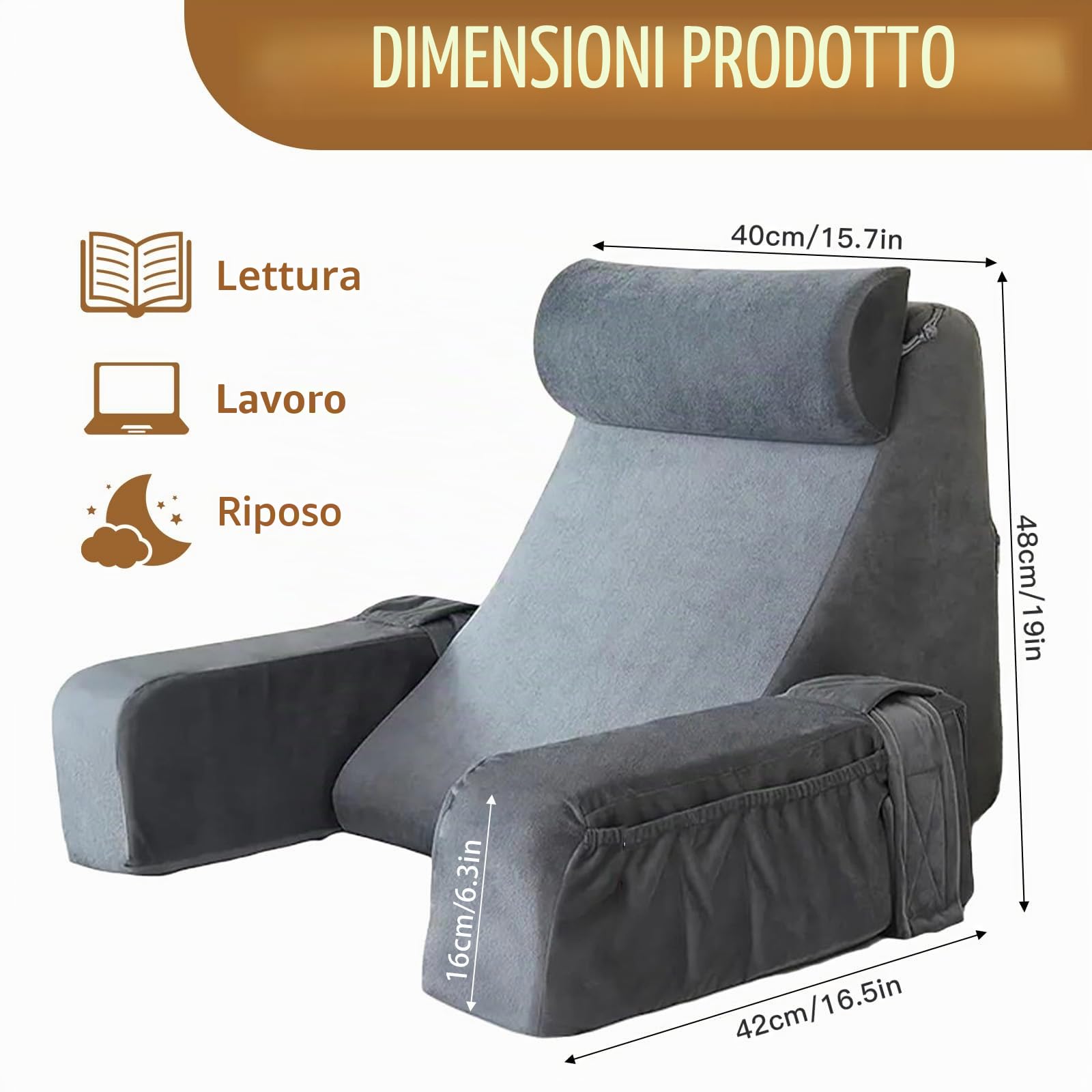Cuscino da lettura per letto e divano, cuscino per la schiena con rullo per il collo e il bracciolo rimovibili, per adulti, cuscino di supporto per la schiena, multifunzione, per leggere