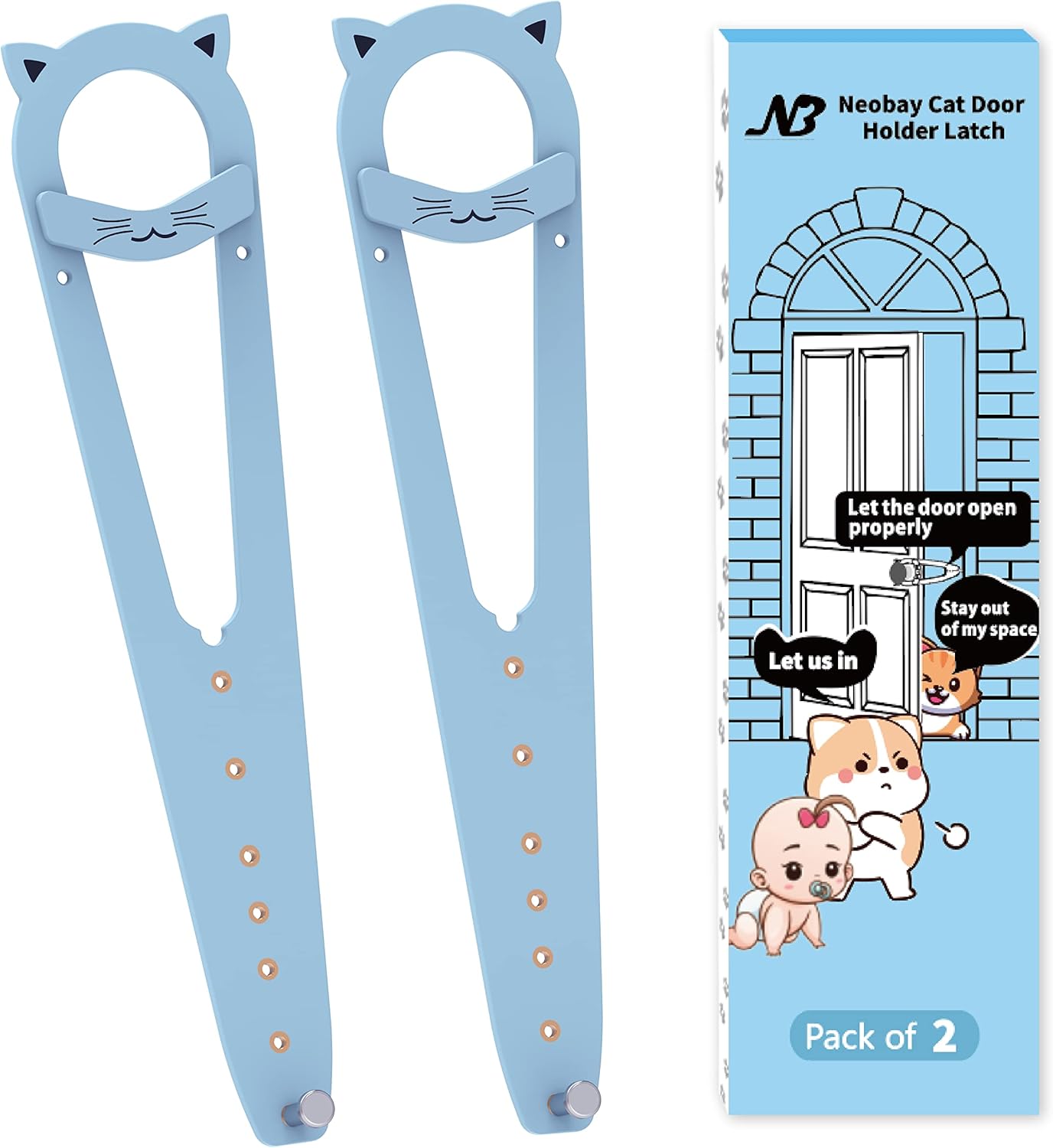 Steel Cat Door Latch, Door Prop for Cats Keep Dogs Out of Cat Litter Box, Cat Door Stopper with Silicone Anti-Collision Pad, Alternative to Interior Pet Door, Steel White 2 Packs