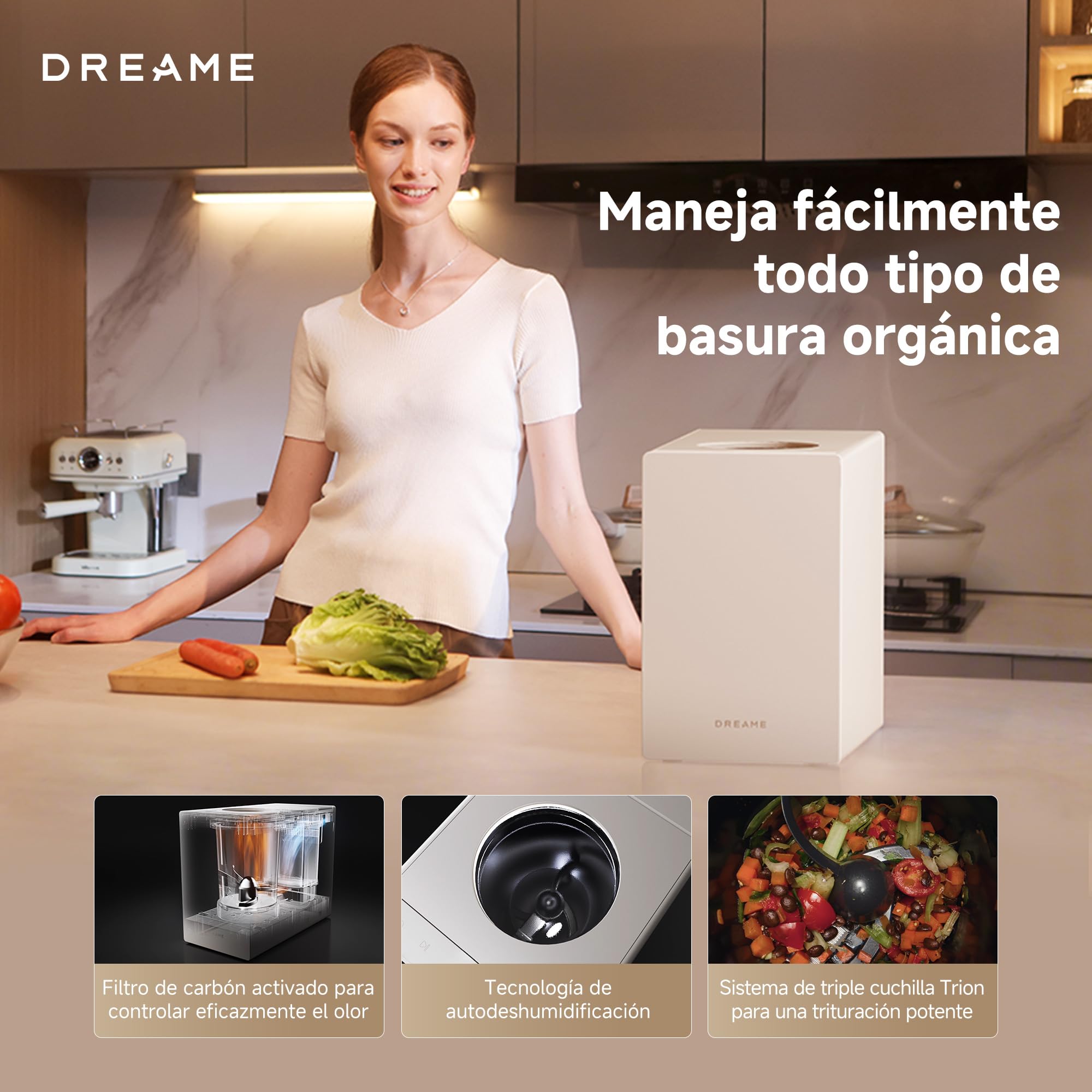 DREAME SF25 Triturador Basura Orgánica, 3 Cuchillas Trion, Filtro Lavable, Control Olores, Capacidad 2,5 l, Autolimpieza Alta Temperatura, Diseño Compacto, Silencioso 27 dB(A), Bloqueo Seguridad