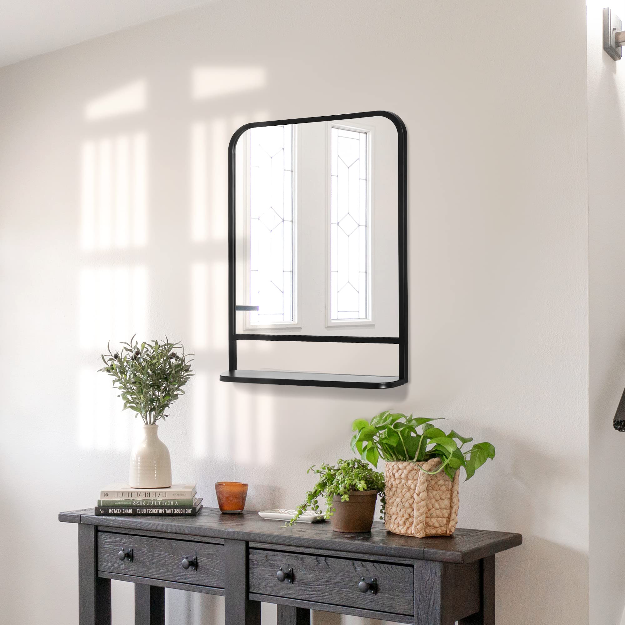 HOMCOM Espejo Decorativo de Pared 50x70 cm Espejo Rectangular Negro | Metal, Estante de Almacenamiento, Salón Dormitorio Entrada, Estilo Moderno