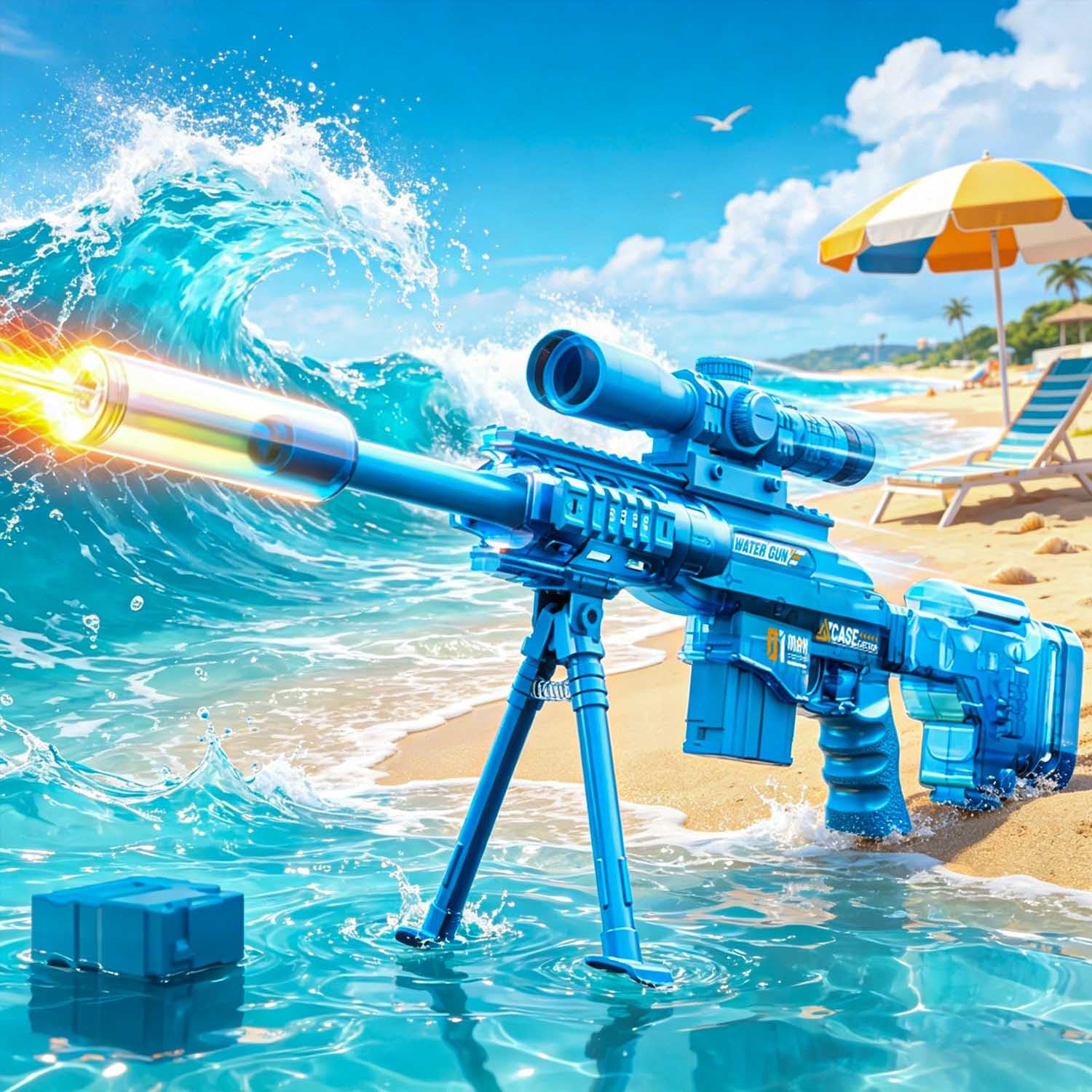 MOZC Electric Water Gun Adults, Automatic Water Gun with Lighting Effects, Range of 7-9M, Long Battery Life, MSR Style Water Gun with Telescope & Bipod for Pool,Beach,Water Park (MSR-Blue)