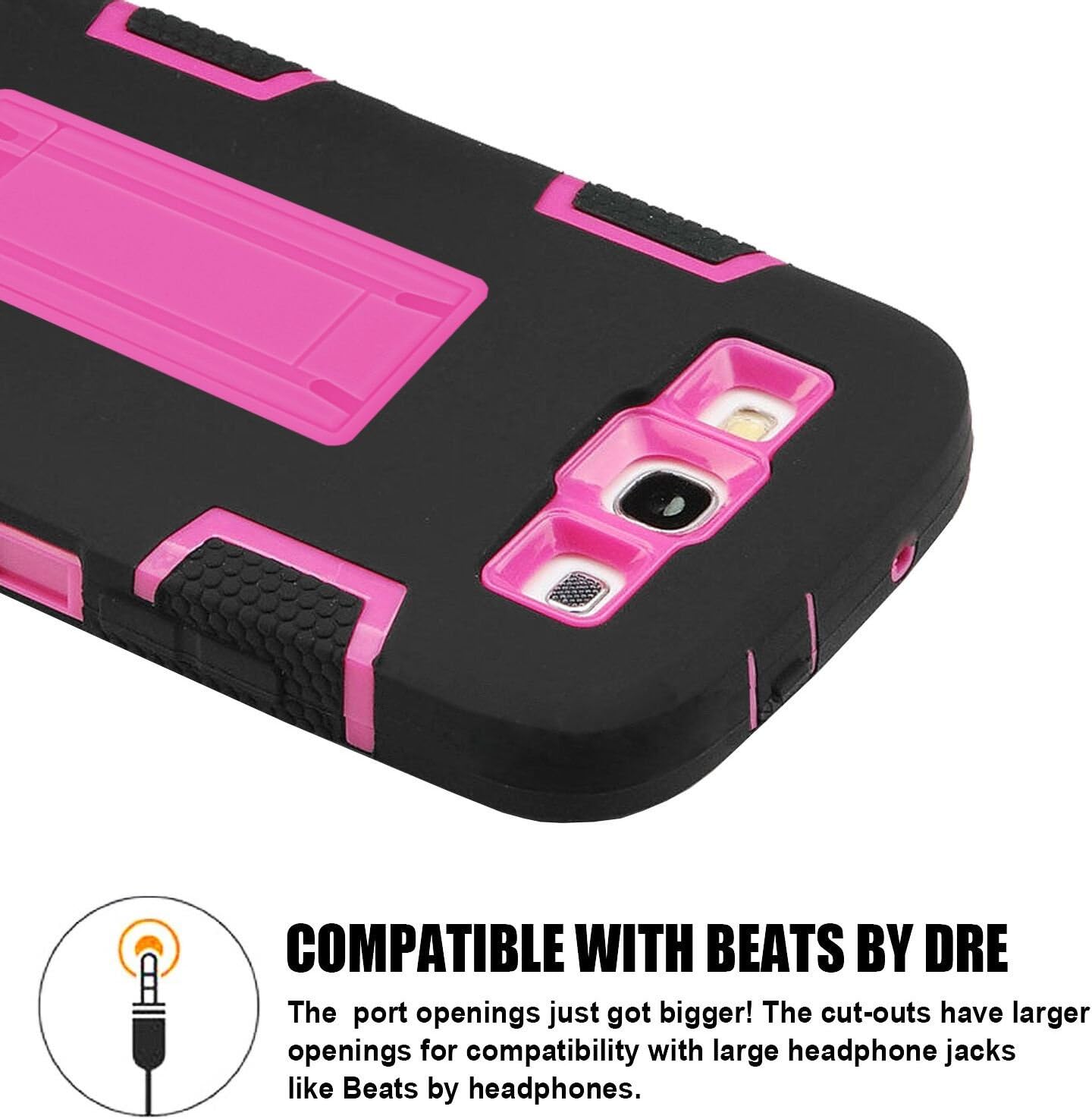 Galaxy S3 Case, EC™ Shockproof Kickstand Deluxe Triple Layer Case, Rubber Combo Hybrid Impact Silicone Armor Hard Case Cover for Samsung Galaxy S3 i9300 with Screen Protector and Stylus (Rose/Black)
