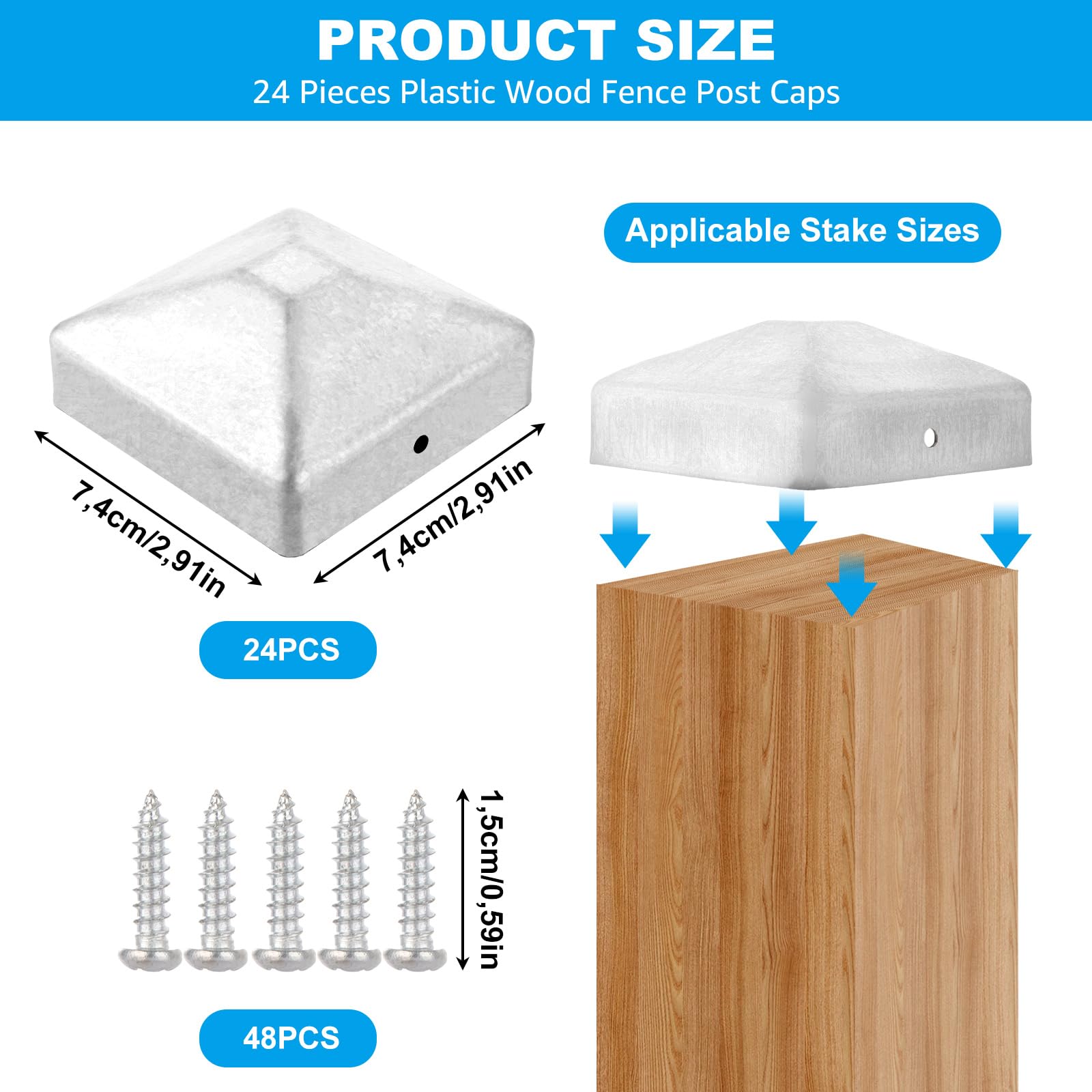 Lot de 24 capuchons de poteau - 7 x 7 cm - En acier inoxydable - Capuchons de poteau carrés - Capuchons de clôture pour poteaux, poteaux de clôture, poteaux en bois