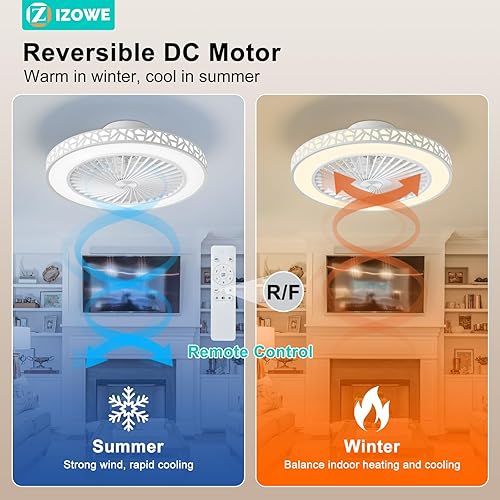 Miniatura 4 de Low Profile Ceiling Fan with Light Flush Mount 19'' Iron White 40W Modern Bladeless Enclosed Fans Lights Fixtures Quiet Reversible 6 Wind Speeds