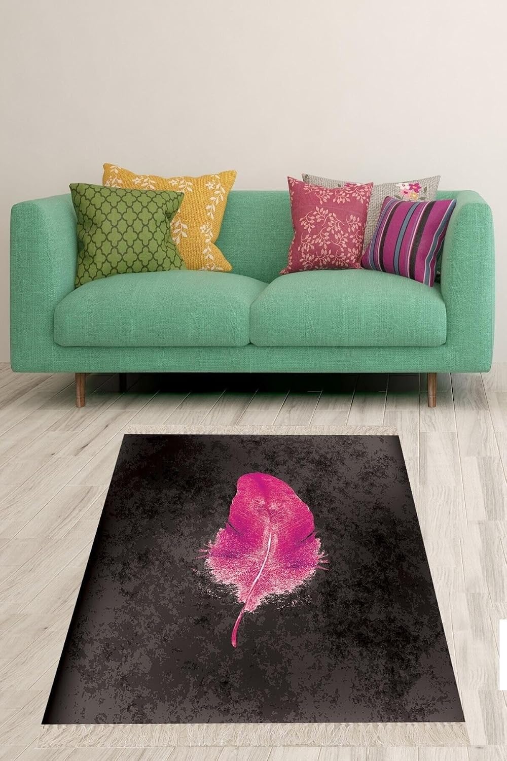 On The Clouds Fuşya Kuş Tüyü Desenli Çerçeveli Yıkanabilir Kaymaz Taban Leke Tutmaz Modern Salon Halısı ve Yolluk BLT-S-391, 80 x 250