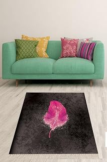 On The Clouds Fuşya Kuş Tüyü Desenli Çerçeveli Yıkanabilir Kaymaz Taban Leke Tutmaz Modern Salon Halısı ve Yolluk BLT-S-391, 80 x 250